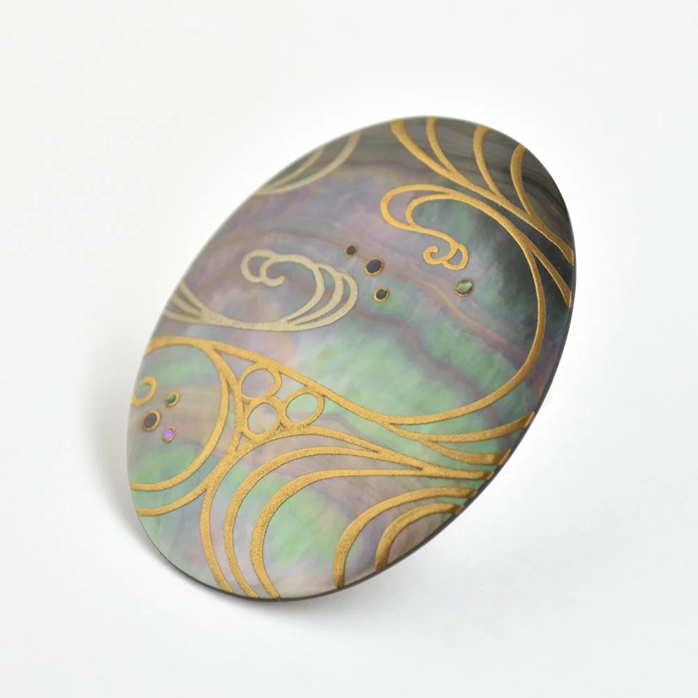 Handcrafted Maki-e Urushi Lacquer Brooch with Black Lip Oyster Pearl Shell - Traditional Japanese Jewelry - Flowing Water Design - Elegant Gift for Women - Perfect for Weddings, Tea Ceremonies & Special Occasions