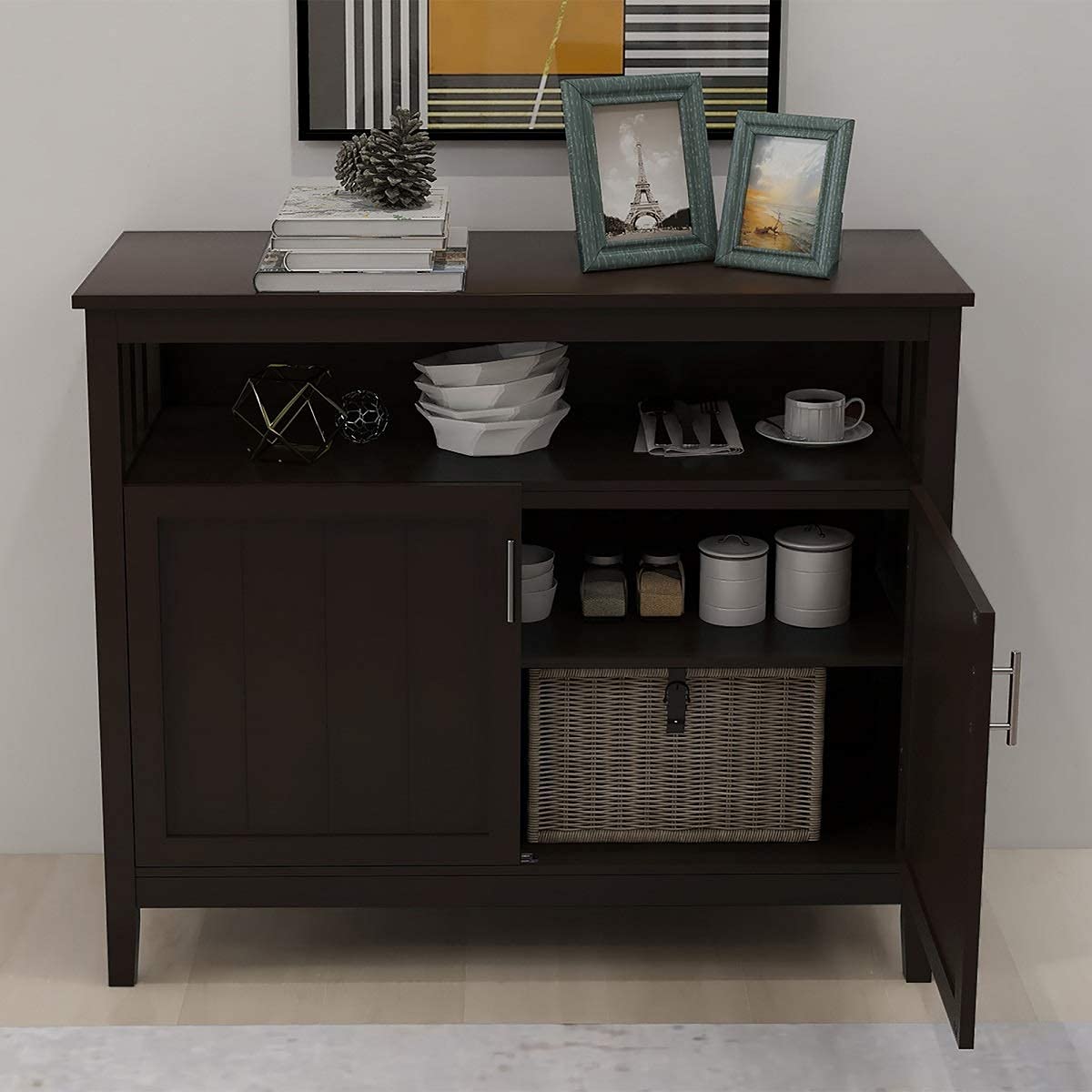 Modern Kitchen Buffet Cabinet with 2 Doors & Adjustable Shelf - Dining Room Storage Sideboard, Cupboard for Kitchen, Bedroom - Brown Wooden Buffet Server | Perfect for Small Space Organization & Entertaining Guests