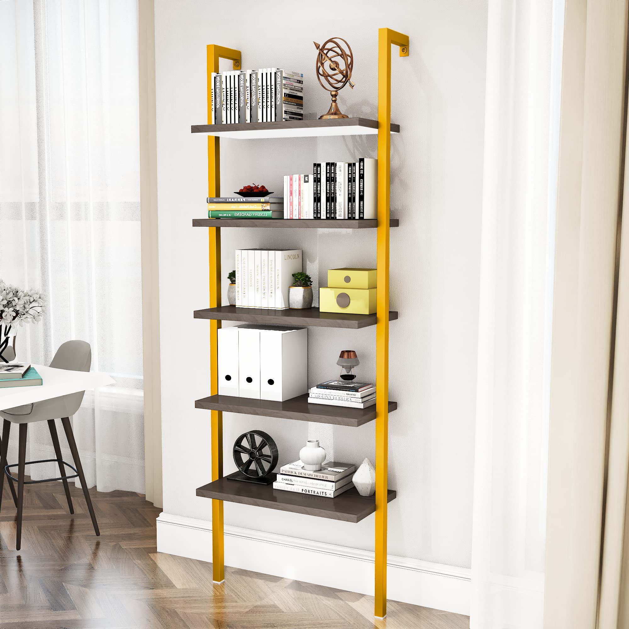Industrial Ladder Bookshelf - 5-Tier Wall Mounted Bookcase with Metal Frame, Open Display Storage Shelf for Living Room, Bedroom, Office & Balcony | Space-Saving Leaning Ladder Design for Home Decor & Organization