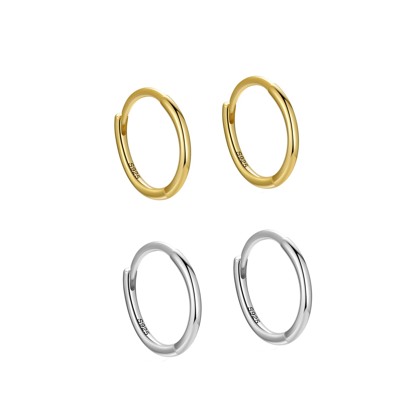 2 Pairs 925 Sterling Silver Hoop Earrings Set for Women & Men - Gold/Silver Huggie Hoops, Small Round Mini Sleeper Cartilage Earrings - Hypoallergenic Pierced Earrings Multipack - Perfect for Everyday Wear, Gifts & Special Occasions