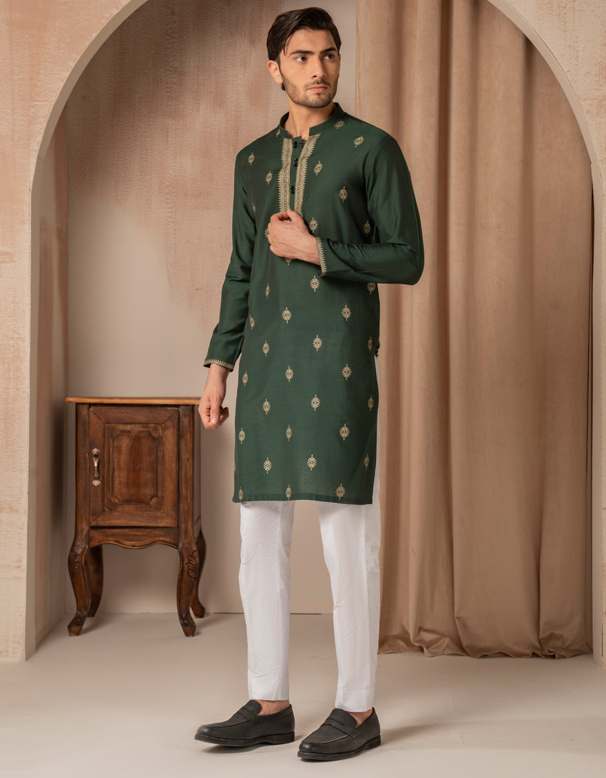 Premium Blended Green Kurta by J. Junaid Jamshed - Stylish Pakistani Traditional Wear for Men, Perfect for Eid, Weddings & Special Occasions