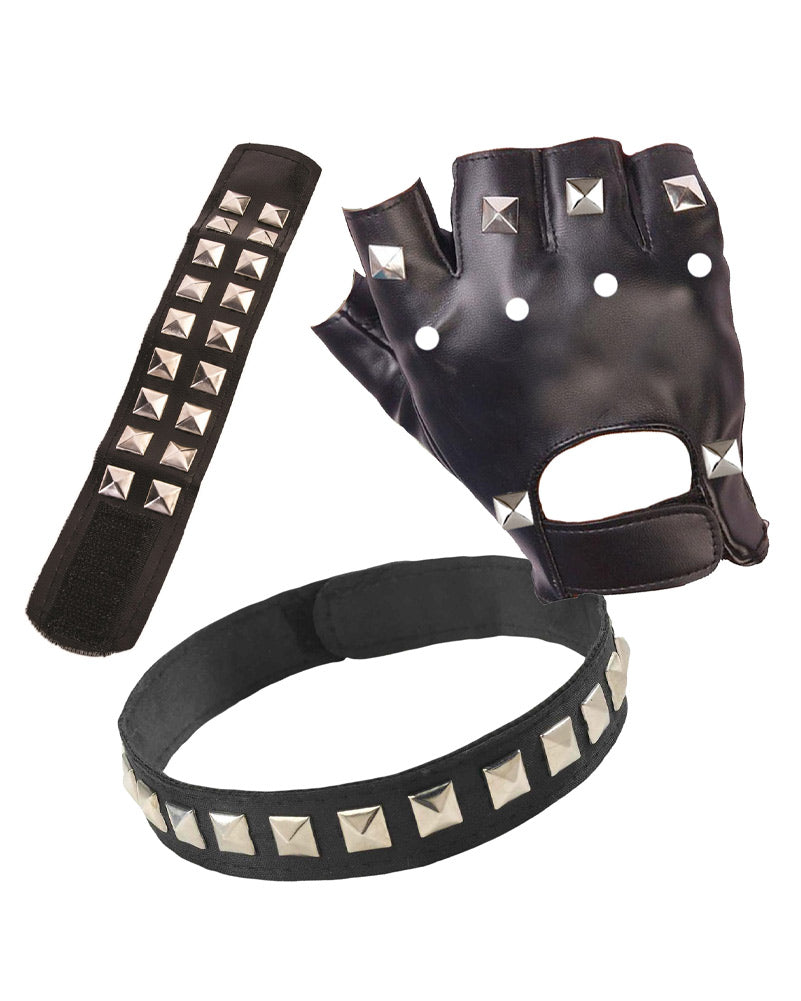 Vintage 80s Punk Gloves Choker & Wrist Cuff Set - Gothic Rock Accessories for Concerts, Halloween & Cosplay