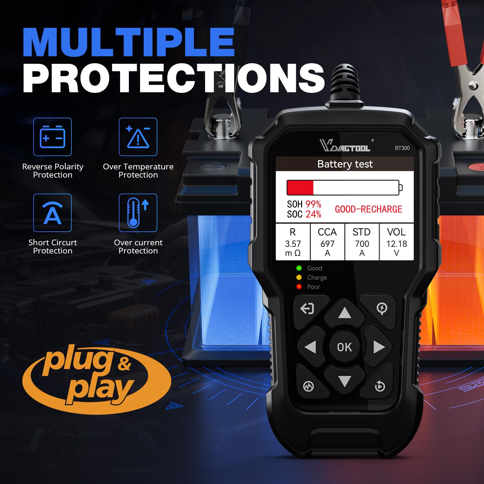 VDIAGTOOL BT300 Professional Car Battery Tester - 6V/12V Automotive Battery Load Tester with 5-3000 CCA Range | Starter & Alternator Diagnostic Tool for Cars, Trucks, SUVs, Motorcycles, ATVs & Boats | Perfect for Home Mechanics & Auto Repair Shops