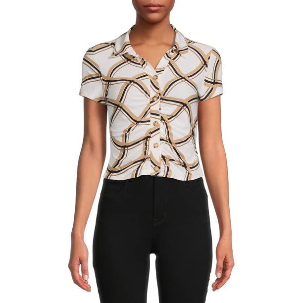 No Boundaries Juniors' Fashion Print Button Front Collared Top - X-Large Winter White | Casual Wear, School Outfits & Teen Fashion