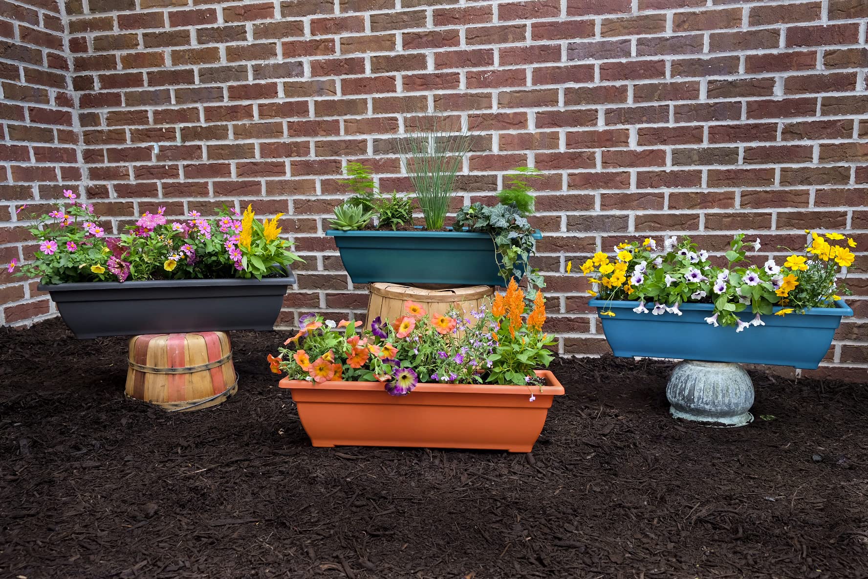 24 Inch Rectangle Planter Box - Indoor/Outdoor UV Resistant Plastic Window Box Trough (4 Gallon, Blue, 4 Pack) - Perfect for Herbs, Succulents, Vegetables - Ideal for Windowsills, Balconies, Gardens & Patios