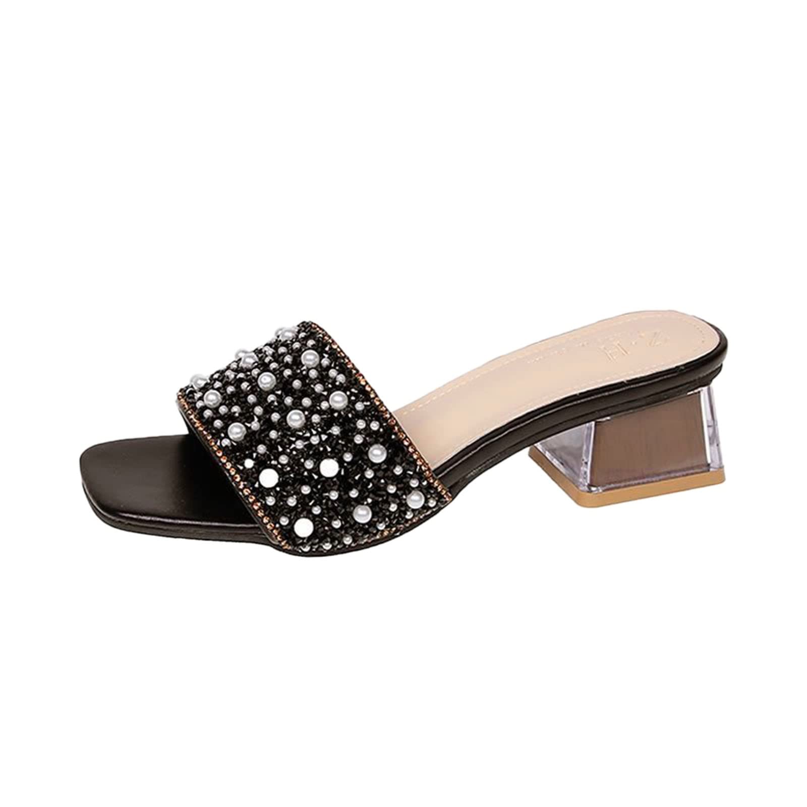Women's Rhinestone Pearl Heeled Sandals - Breathable Summer Chunky Heel Sandals for Weddings, Parties & Beach Vacations