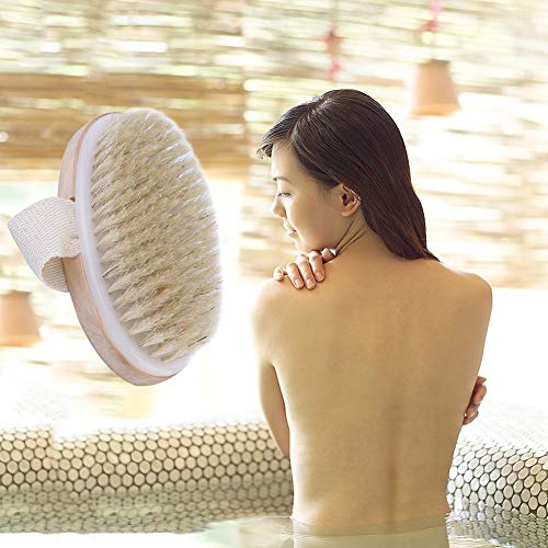 SoFull Natural Bristle Body Brush for Dry Skin - Soft Handle Shower Brush with Pouch - Exfoliating & Massaging Bathroom Accessories for Spa, Self-Care & Relaxation