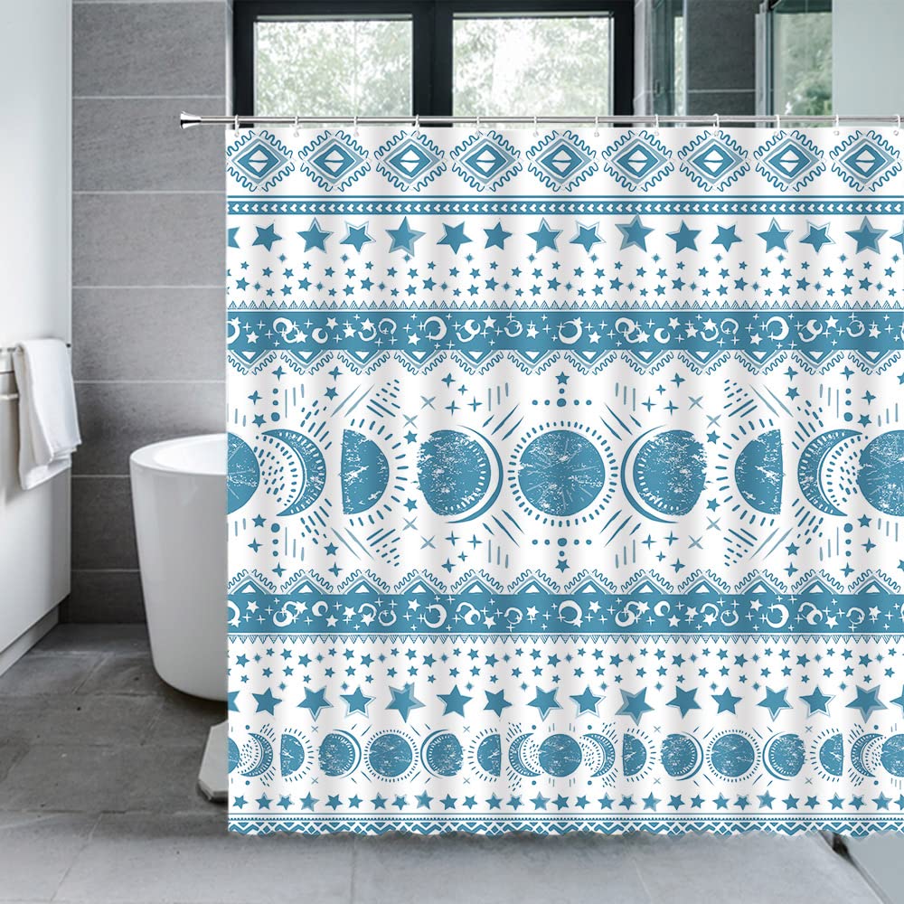 Moon Phase Shower Curtain - Lunar Eclipse Celestial Design with Hooks, Blue Starry Night Sky Bathroom Decor for Spa-Like Relaxation | Perfect for Astronomy Lovers & Nature-Inspired Home Decor
