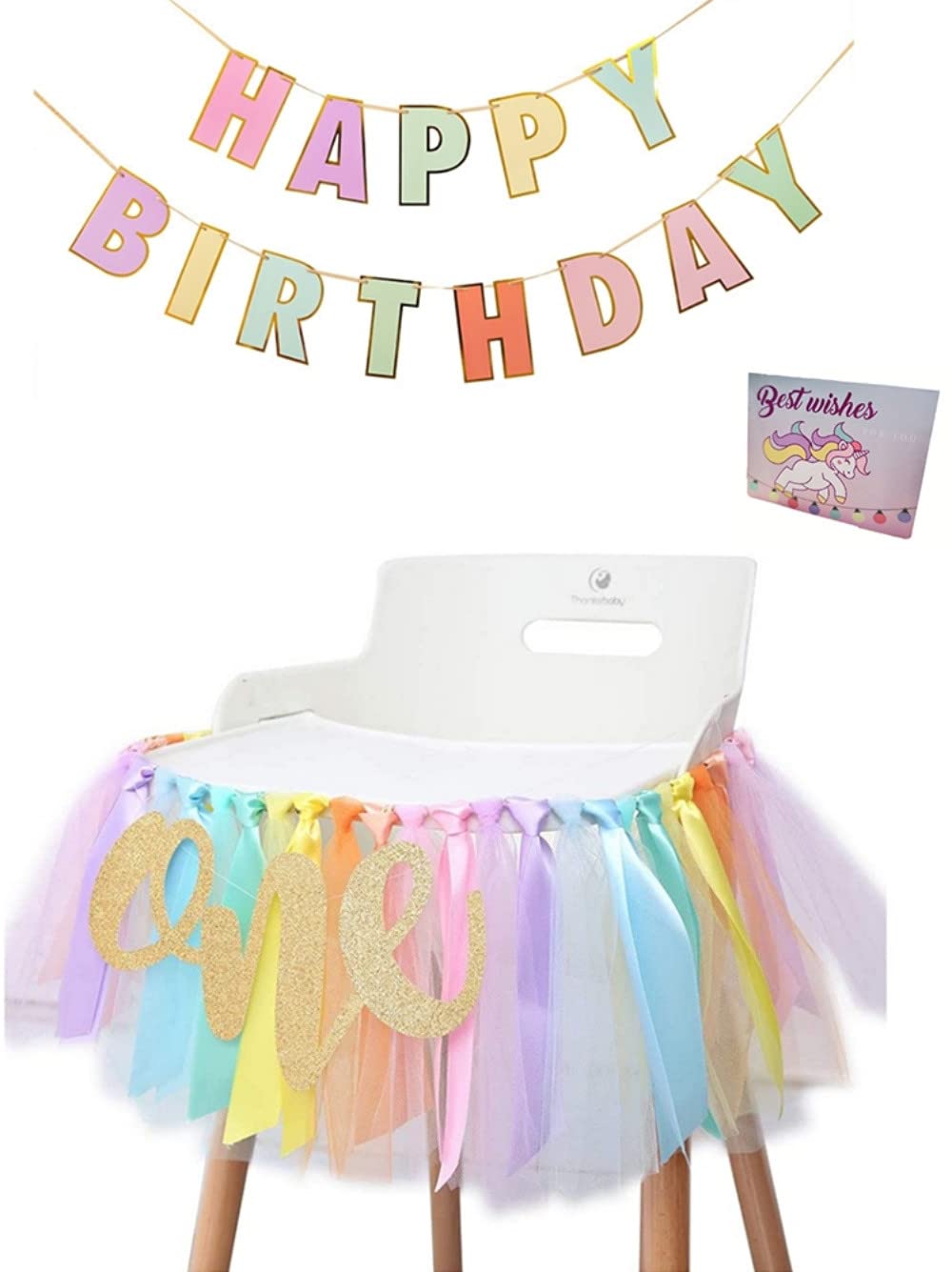 Rainbow High Chair Banner for 1st Birthday Party Decorations - Girls' First Birthday Tutu Skirt with Headband & Pennant - Perfect for Baby Shower, Birthday Photography & Nursery Decor (Rainbow Theme)