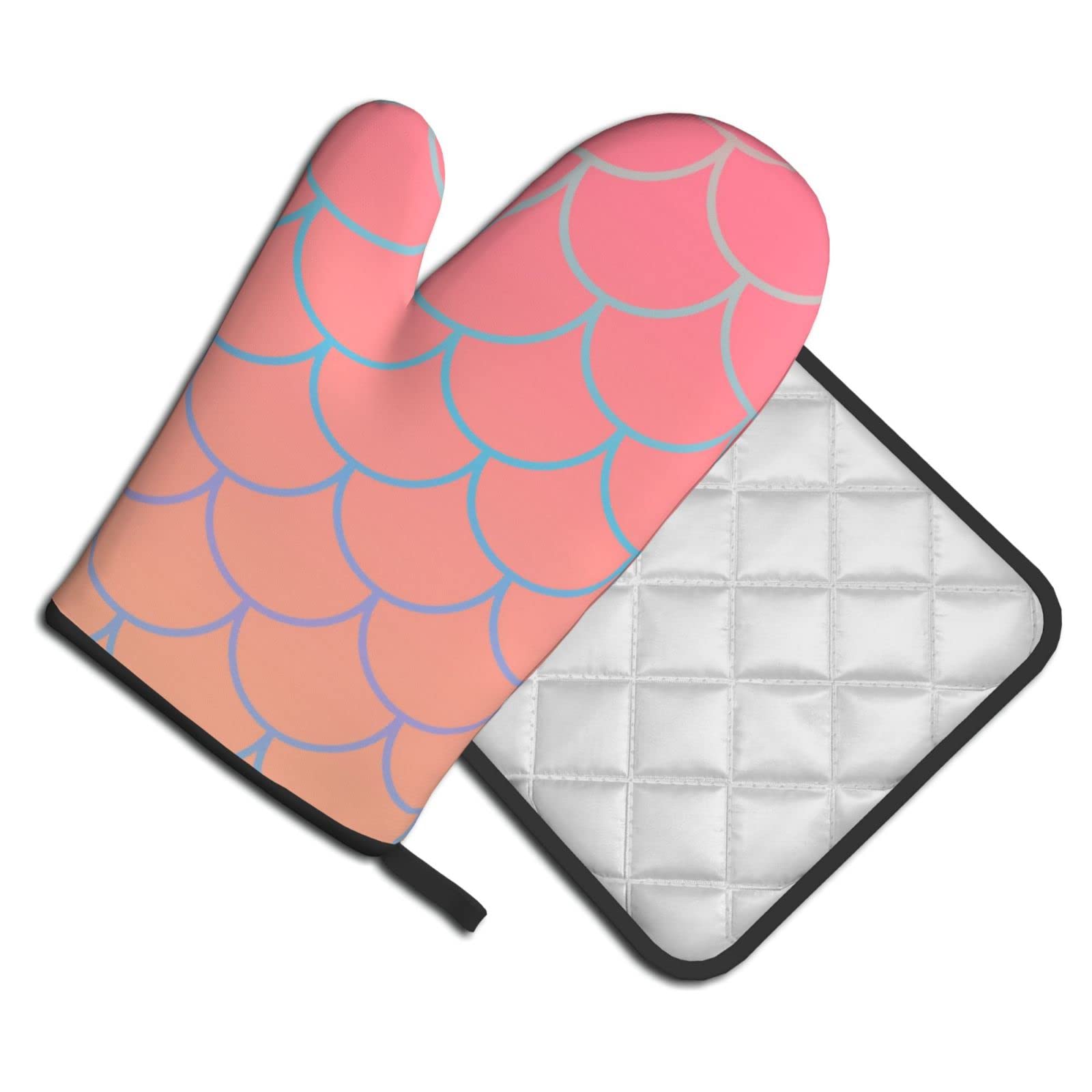 Heat Resistant Pink Mermaid Scale Oven Mitts & Pot Holders Set - Non-Slip Kitchen Gloves with Cotton Lining for Baking, BBQ, Grilling & Microwave Cooking - Perfect for Holiday Baking, Camping Trips & Home Kitchen Use