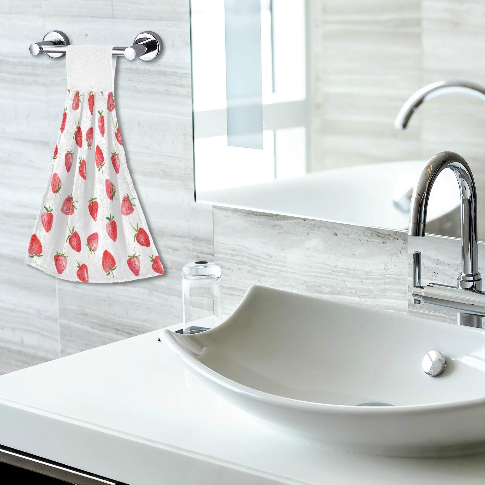 **Premium Strawberry Print Kitchen Towels Set of 2 - 12x17 Inch Soft Absorbent Dish Cloths & Hand Towels with Hanging Loop - Cute Home Decor for Kitchen, Bathroom & Farmhouse Style**    *(Use Cases: Perfect for drying dishes, hands, or as decorative accents in rustic kitchens, cozy bathrooms, and farmhouse-themed spaces.)*