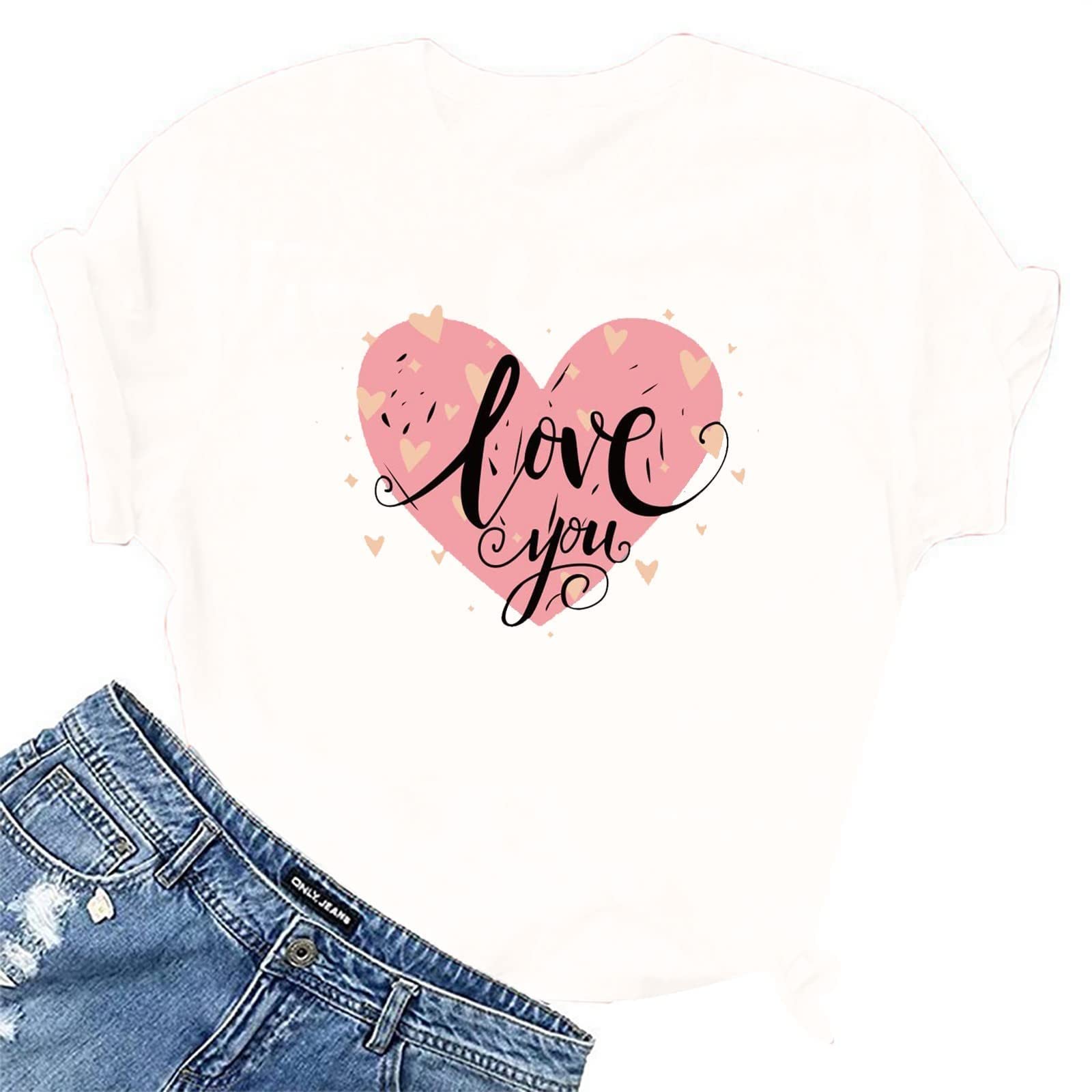Women's Love Heart Graphic T-Shirt - Short Sleeve Regular Fit Top - Cute Funny Gift Tee for Casual Wear & Valentine's Day 2023