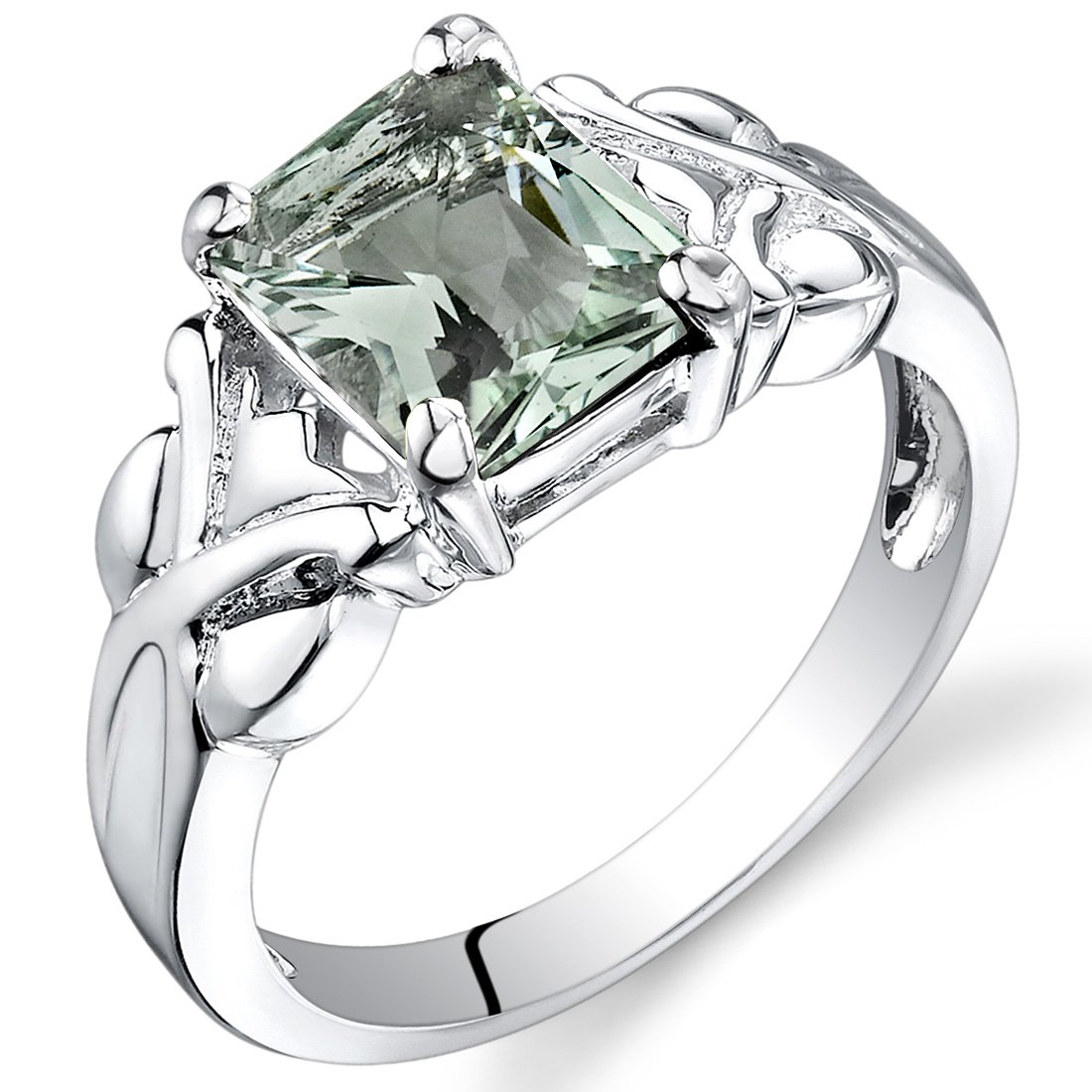 PEORA Green Amethyst Ring for Women - 925 Sterling Silver Criss-Cross Solitaire Ring, Natural Gemstone Birthstone Jewelry, 2 Carat Radiant Cut 9x7mm, Comfort Fit, Sizes 5-9 - Perfect for Birthday Gifts, Anniversary, Wedding & Everyday Elegance