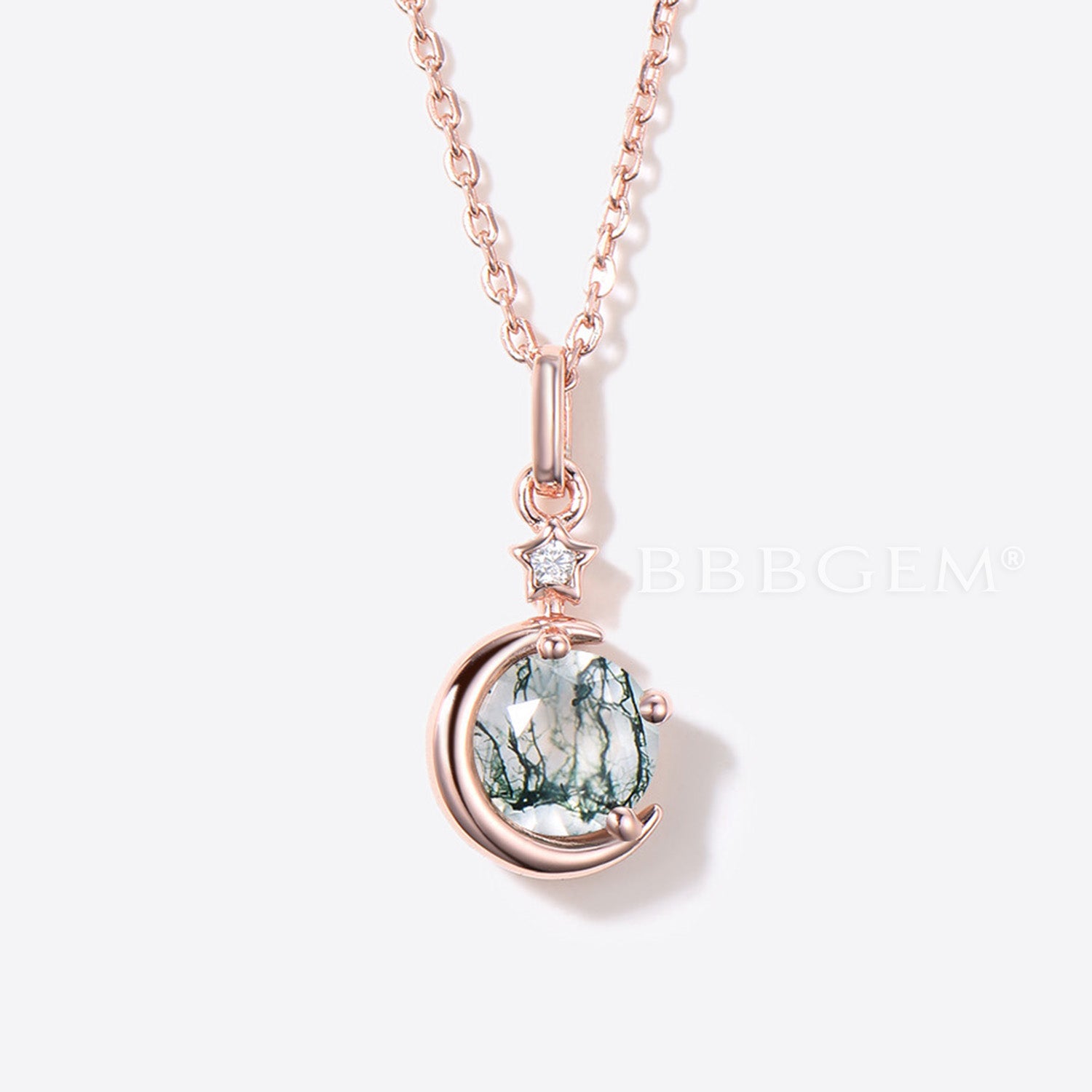 Moon Star Moss Agate Pendant Necklace - Rose Gold Round Green Moss Charm Jewelry for Women, Gift for Her, Birthday, Anniversary, Wedding, Spiritual Healing
