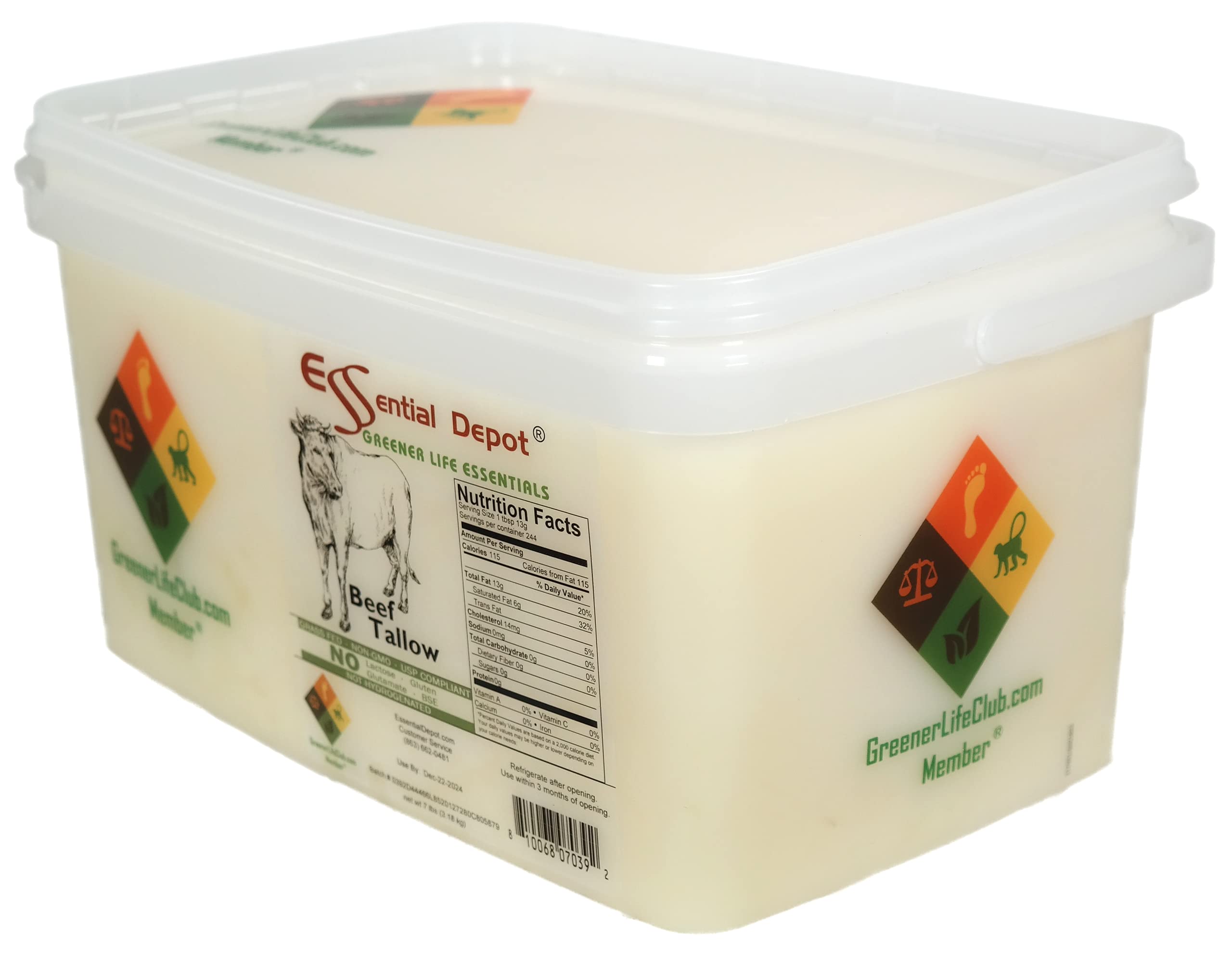 Premium Beef Tallow - 7 lbs USDA Approved, Freezer & Microwave Safe Square Pail with Resealable Lid & Removable Handle - Ideal for Cooking, Skincare, and Soap Making