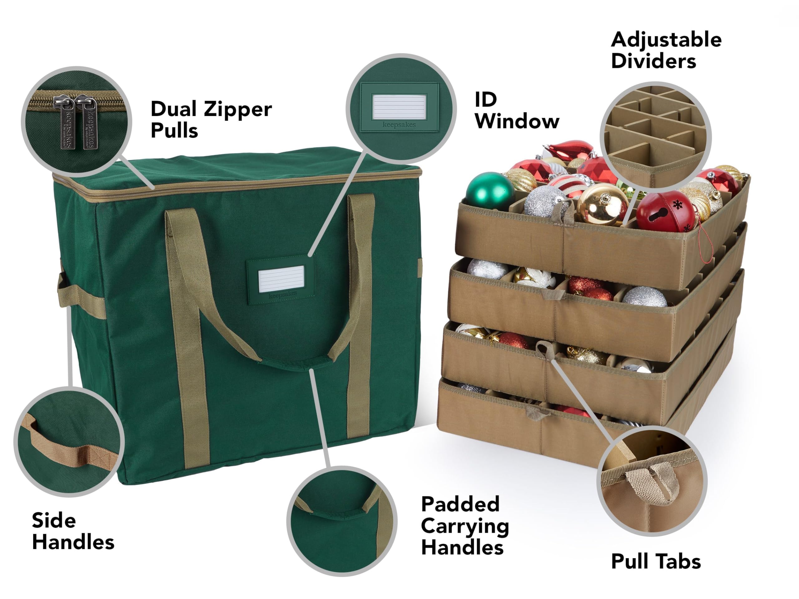 Covermates Keepsakes Adjustable Ornament Storage Bag with Carrying Handles & Padded Protection - Christmas Decoration Organizer for Holiday Storage (Green) - Perfect for Tree Ornaments, Holiday Decor & Seasonal Keepsake Organization