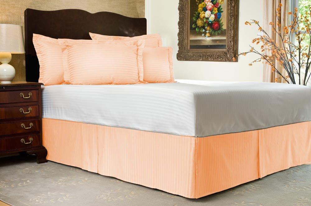 8-Piece Reversible Stripe Bedding Set - 100% Egyptian Cotton 500 TC King Size Duvet Cover, Sheet Set & Bed Skirt with Zipper Closure (Solid Red/Peach) - Luxury Bedroom Decor for Master Suite, Guest Room & Vacation Homes