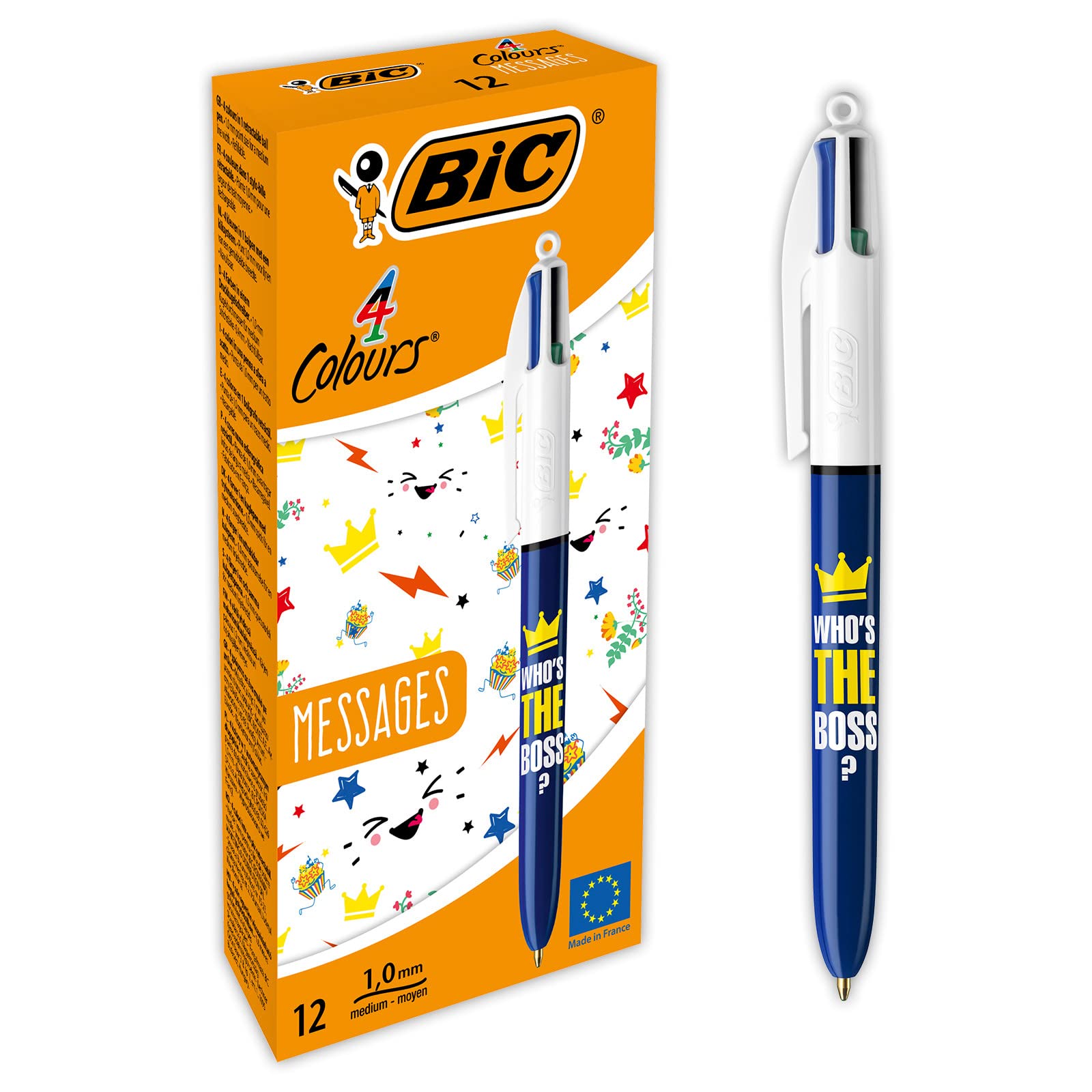 Bic 4-Color Ballpoint Pens - Medium Point 1mm (12-Pack) - Who's The Boss Design - Perfect for Office, School & Note Taking