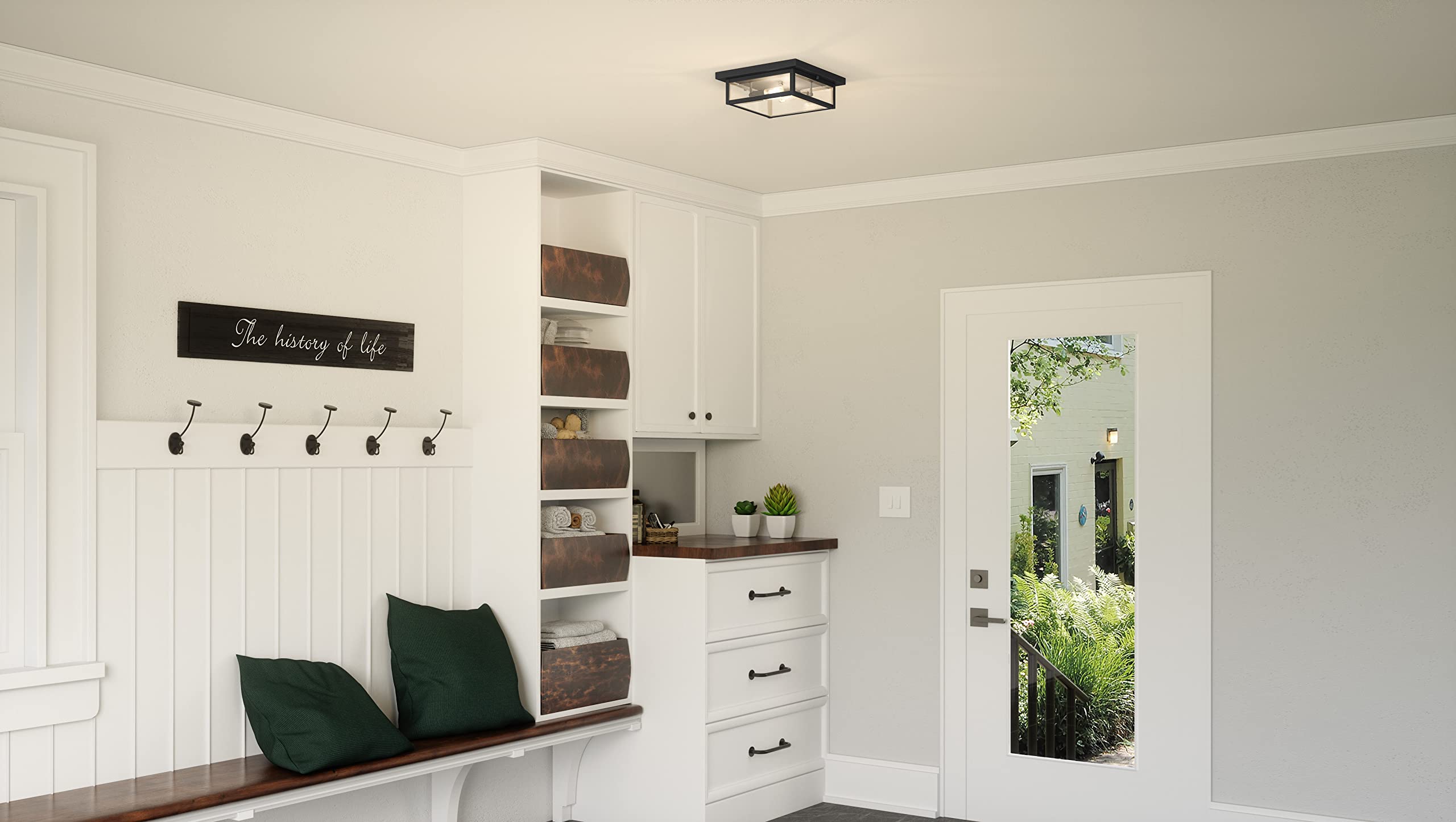 Quoizel Westover 12 Inch 2-Light Flush Mount Ceiling Light - Earth Black Industrial Lantern with Beveled Glass - Perfect for Hallway, Kitchen, Bedroom, Bathroom & Dining Room Lighting