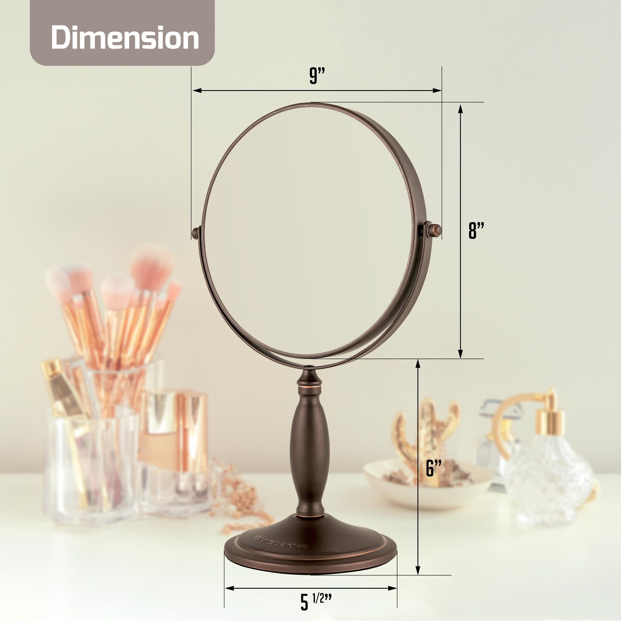 OVENTE 8-Inch Double-Sided Vanity Mirror with 1X/7X Magnification, 360° Swivel Stand - Antique Bronze Makeup Mirror for Dresser, Bedroom & Office Desk | Perfect for Applying Makeup, Skincare & Grooming