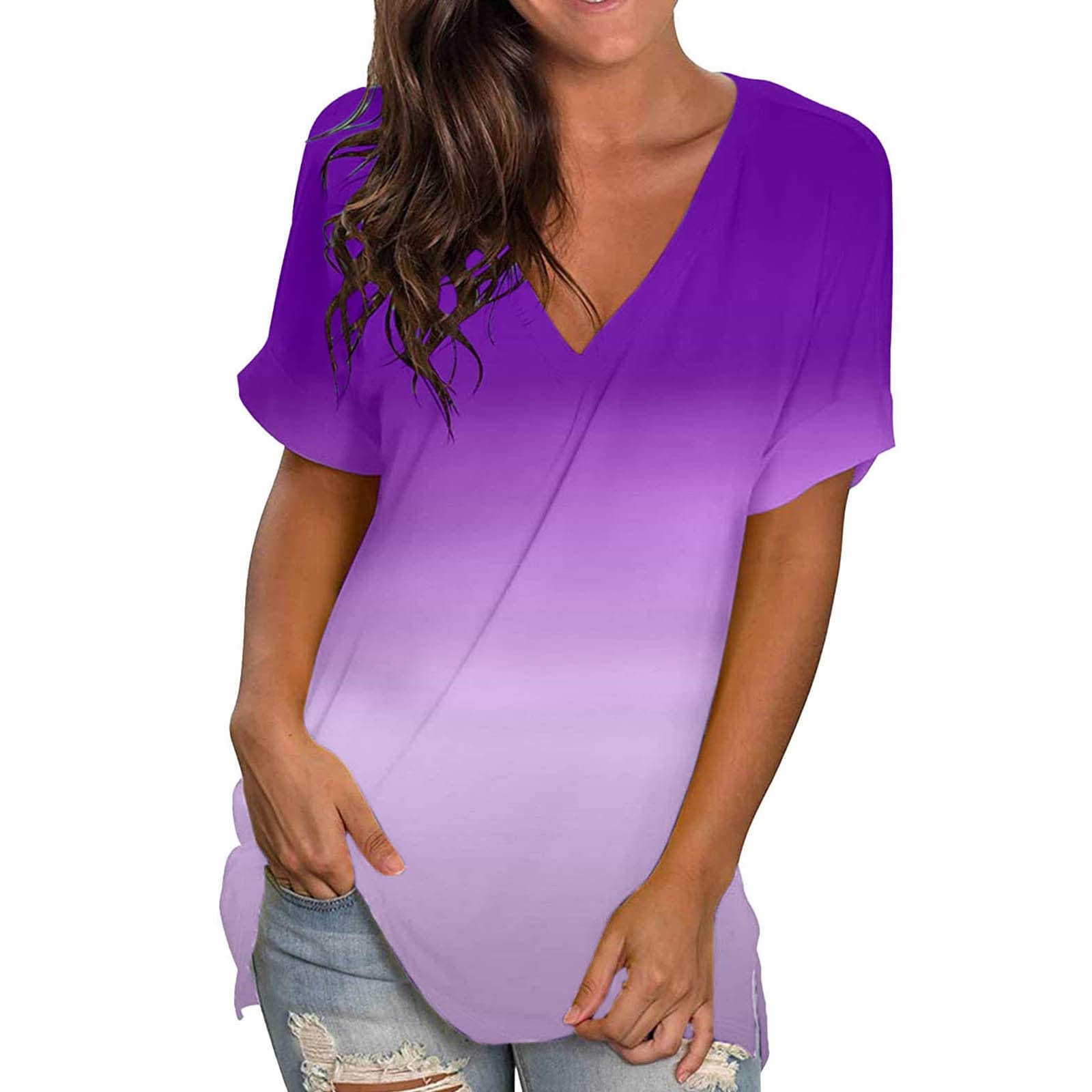 Women's Floral V-Neck Tunic Tops - Casual Short Sleeve Summer Tee Shirt for Beach, Vacation & Everyday Wear