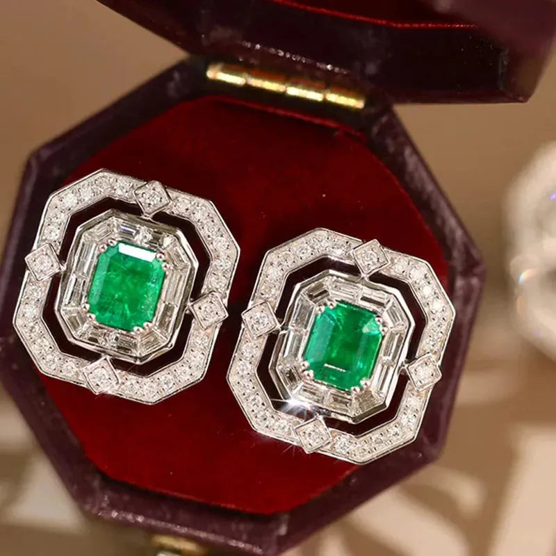 18K White Gold Earrings with Real Natural Emerald and Diamond - Classic Elegant Jewelry for Women's Engagement, Party & Special Occasions