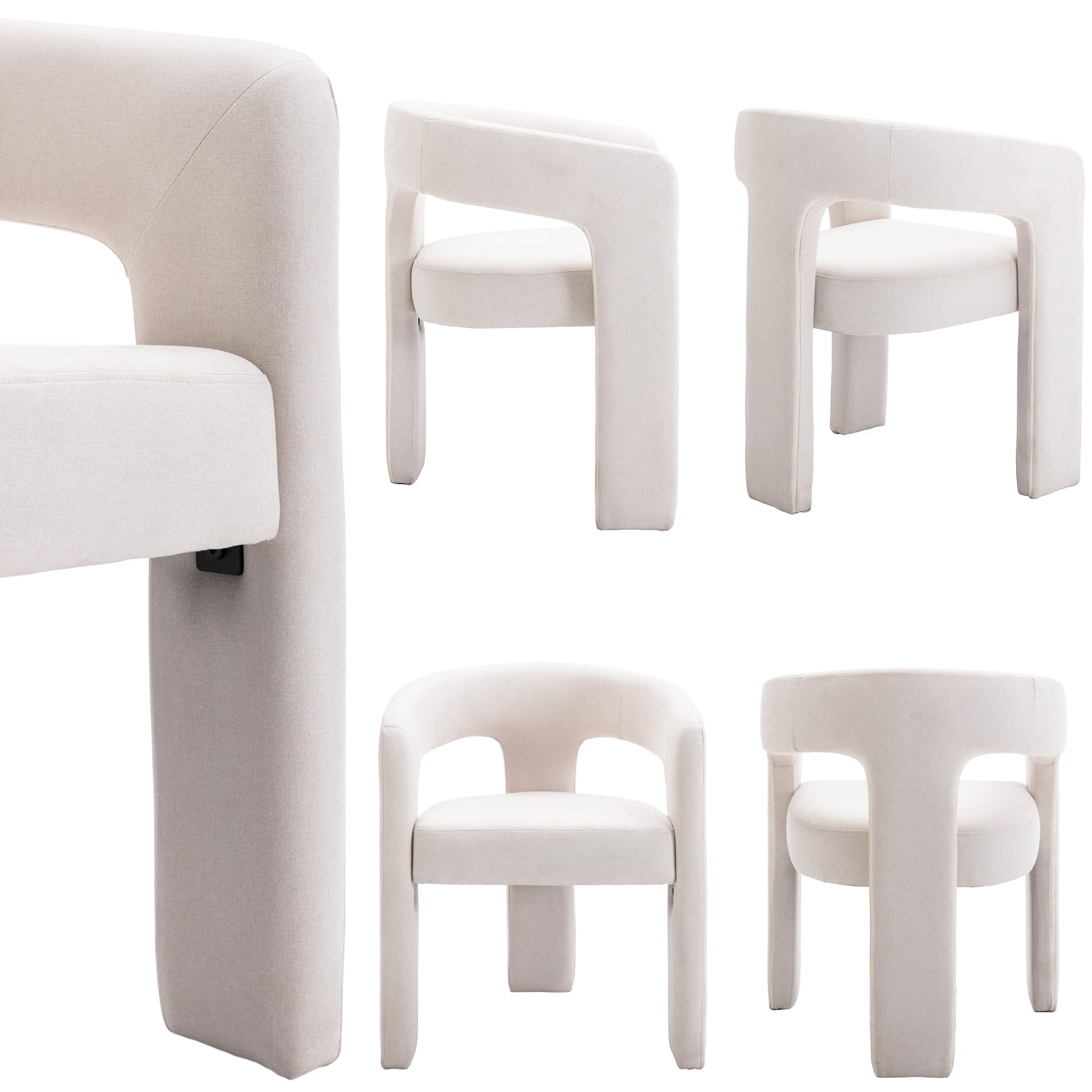 Modern Dining Chair Set of 2 - Linen Upholstered Barrel Kitchen Chairs with Wooden Legs, Round Accent Armchairs for Dining Room, Living Room, Bedroom or Side Table | Ivory | Perfect for Small Spaces, Breakfast Nooks & Cozy Home Decor