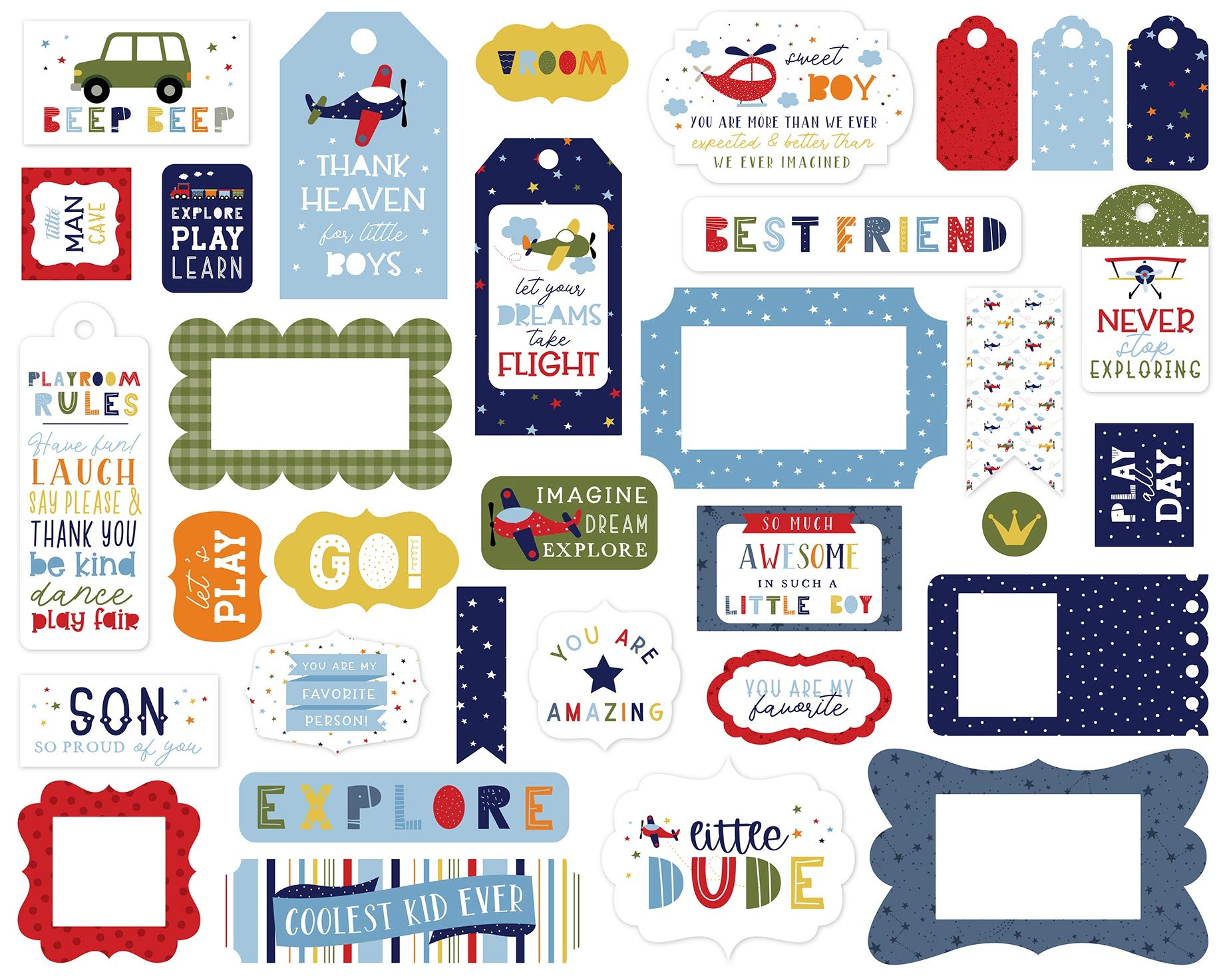 Echo Park Paper Co. Little Dreamer Boy Frames & Tags Ephemera - Scrapbooking Embellishments for Baby Boy Albums, Cards, and DIY Projects