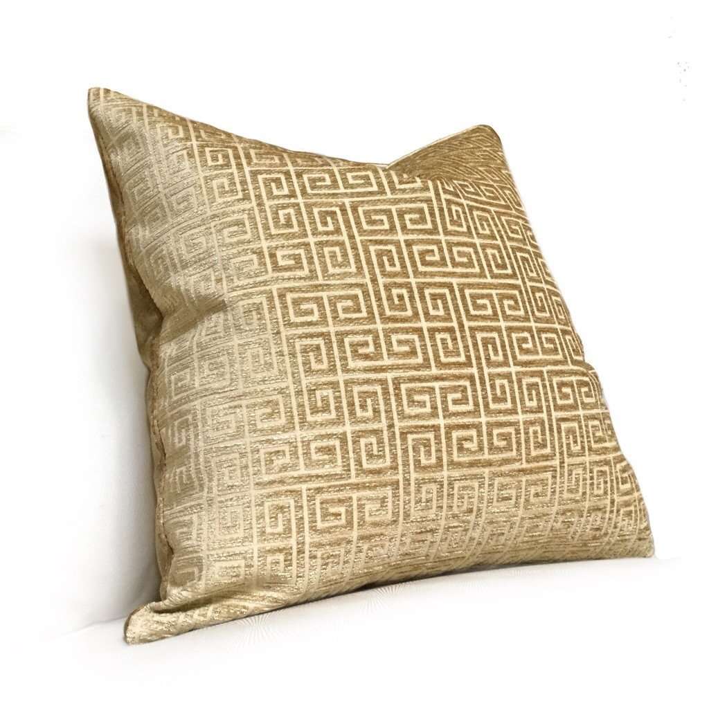 Robert Allen Plush Greek Keys Gold Sand Beige Velvet Chenille Pillow Cover - Elegant Decorative Throw Pillow for Sofa, Bed & Home Decor