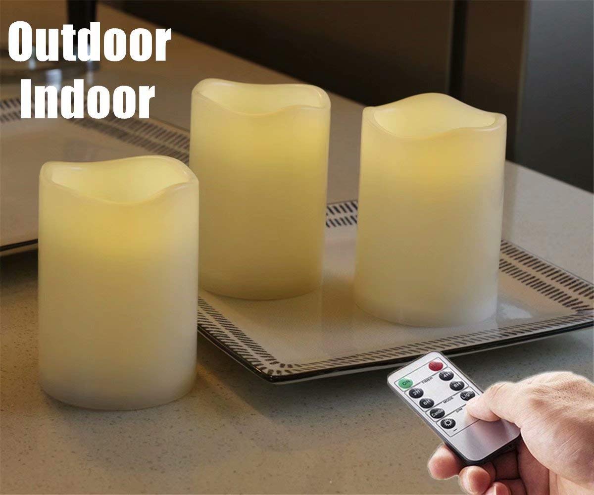 3-Pack Outdoor Waterproof LED Pillar Candles - IP44 Rated, Warm White, Flameless Battery Operated with Remote & 24H Timer - Weatherproof Plastic Design (4