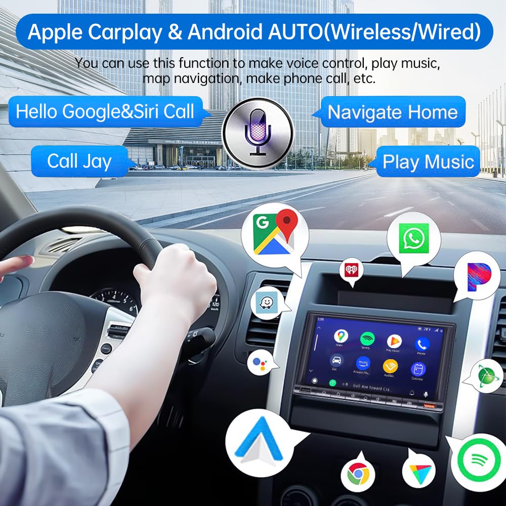 7 Inch Double Din Car Stereo with Wireless CarPlay & Android Auto - HD Touch Screen Bluetooth 5.2, AM/FM, Mirror Link, Backup Camera, Steering Wheel Control, AUX, MIC, DSP - Perfect for Hands-Free Driving & Entertainment in Your Vehicle