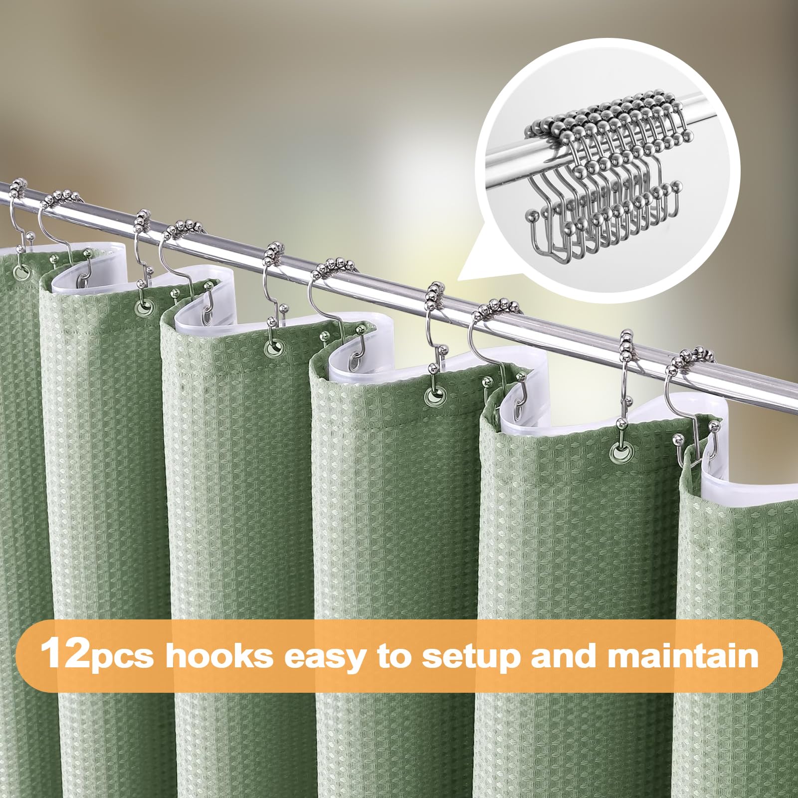 Waffle Weave Shower Curtain Set with Fabric Liner & Clear Plastic Liner - Includes 12 Rustproof Stainless Steel Hooks for Bathroom Decor - Perfect for Modern, Farmhouse & Spa-Style Bathrooms