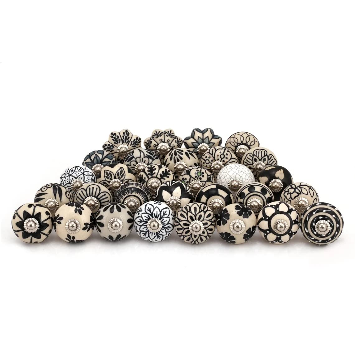 Handmade Black and White Ceramic Cabinet Knobs and Drawer Pulls - 12 Pack for Kitchen, Dresser, Almirah & Vanity | Rustic Indian Style Hardware for Home Decor & Furniture Upgrade