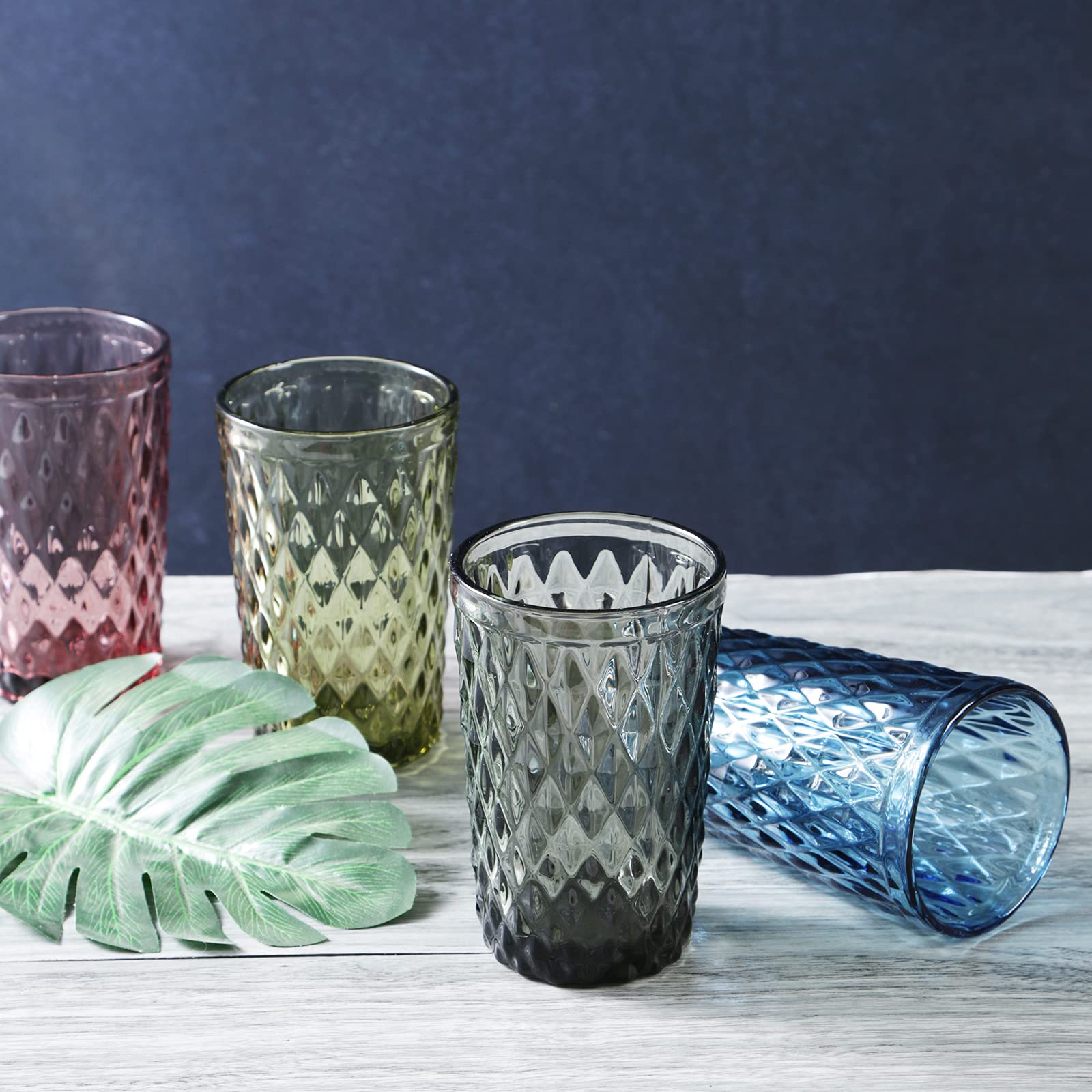 Bandesun 12 oz Blue Drinking Glass Set of 6 - Diamond Cut Tumbler Glasses for Water, Cocktail, Milk, Juice & Beverages | Durable Kitchen Glassware for Home, Bar, Restaurant & Party Use
