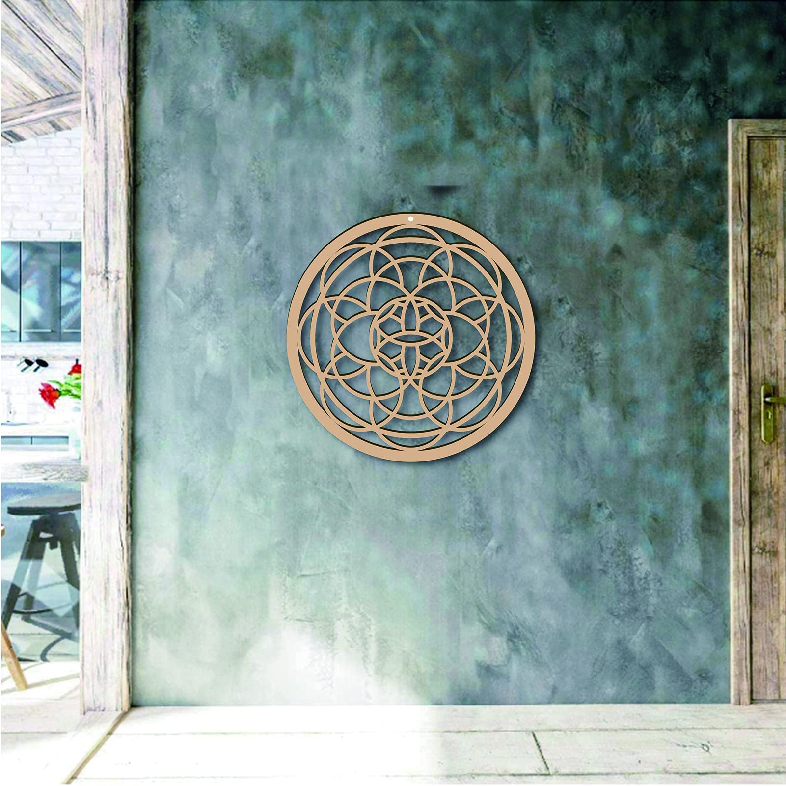 10 Inch Wood Flower Wall Decor - Laser Cut Sacred Geometry Crystal Grid Wall Art - Spiritual Symbol Hanging Decor for Home, Office & Yoga Studio - Perfect for Housewarming Gifts & Meditation Spaces