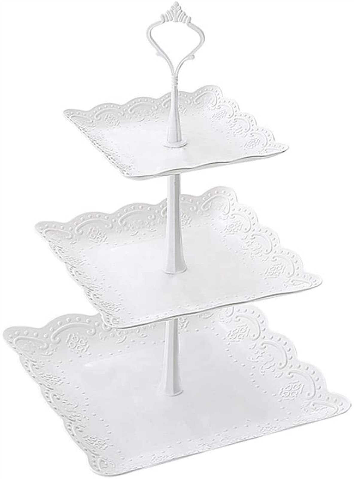MIAOMSI 3-Tier Plastic Cake Stand for Afternoon Tea, Weddings & Parties - Durable 3-Layer Dessert Display Rack for Bakeries, Cafes & Home Baking (White) - Perfect for Birthday Cakes, Cupcakes & Pastry Serving