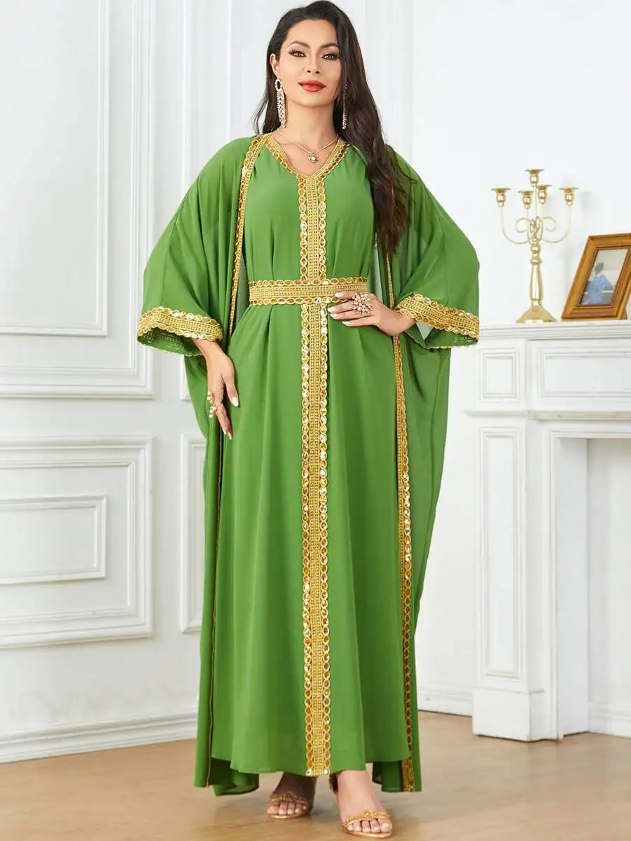 Elegant Eid Chiffon 2-Piece Caftan Dress Set with Sleeveless Inner Dress - Perfect for Muslim Women's Holiday Celebrations, Special Occasions & Summer Outfits