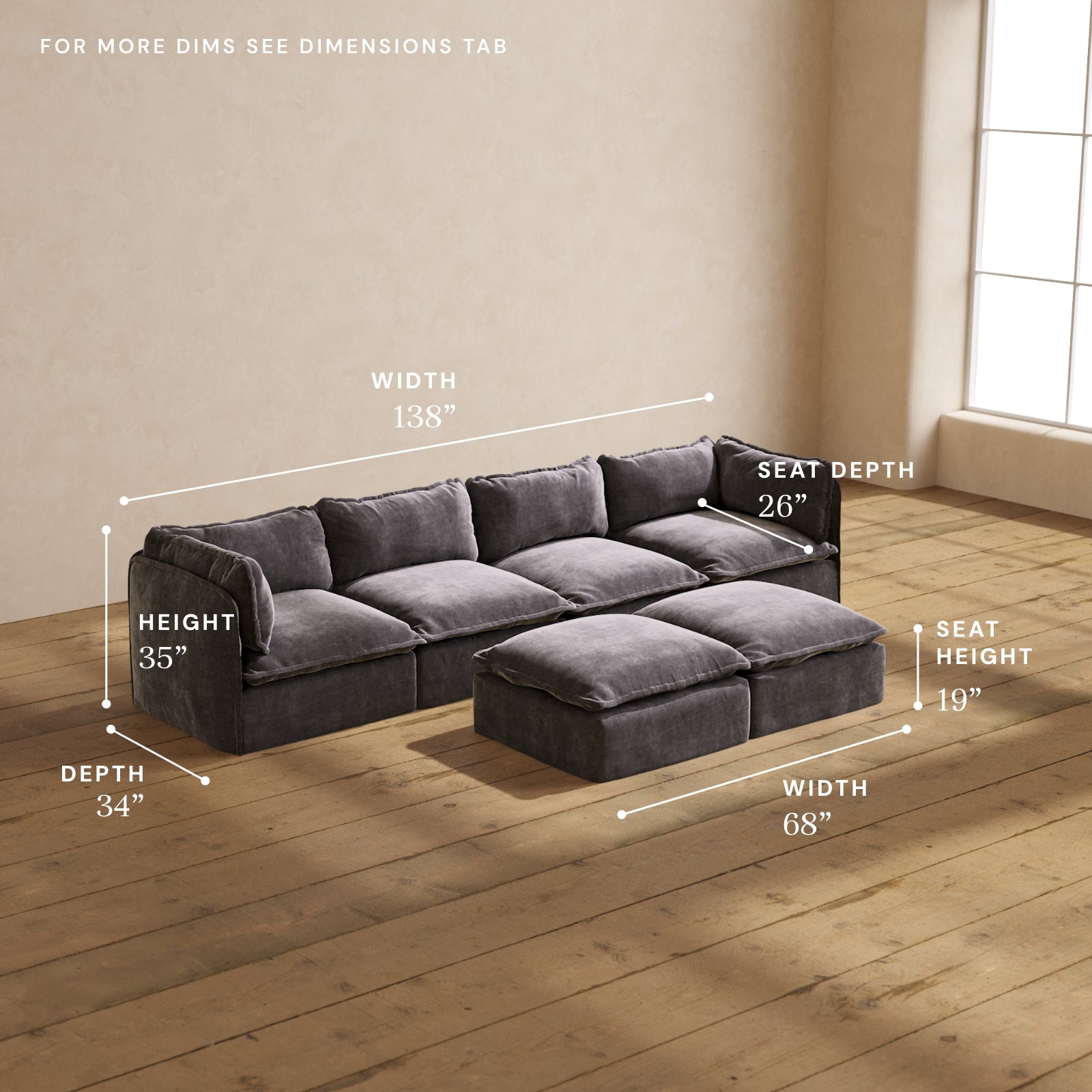 Premium Modular Performance 4-Seater Sofa with Bench Ottoman in Cinder Gray | Luxe Blend Fabric | Perfect for Living Room, Family Room & Home Theater