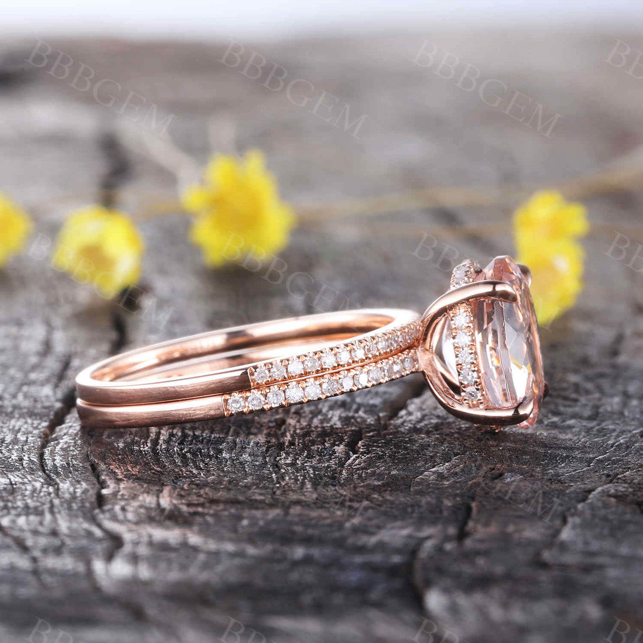 Rose Gold Morganite & Diamond Wedding Ring Set - 7x9mm Oval Art Deco Stacking Band in 14K/18K Gold - Perfect for Engagement, Anniversary & Bridal Jewelry Gifts