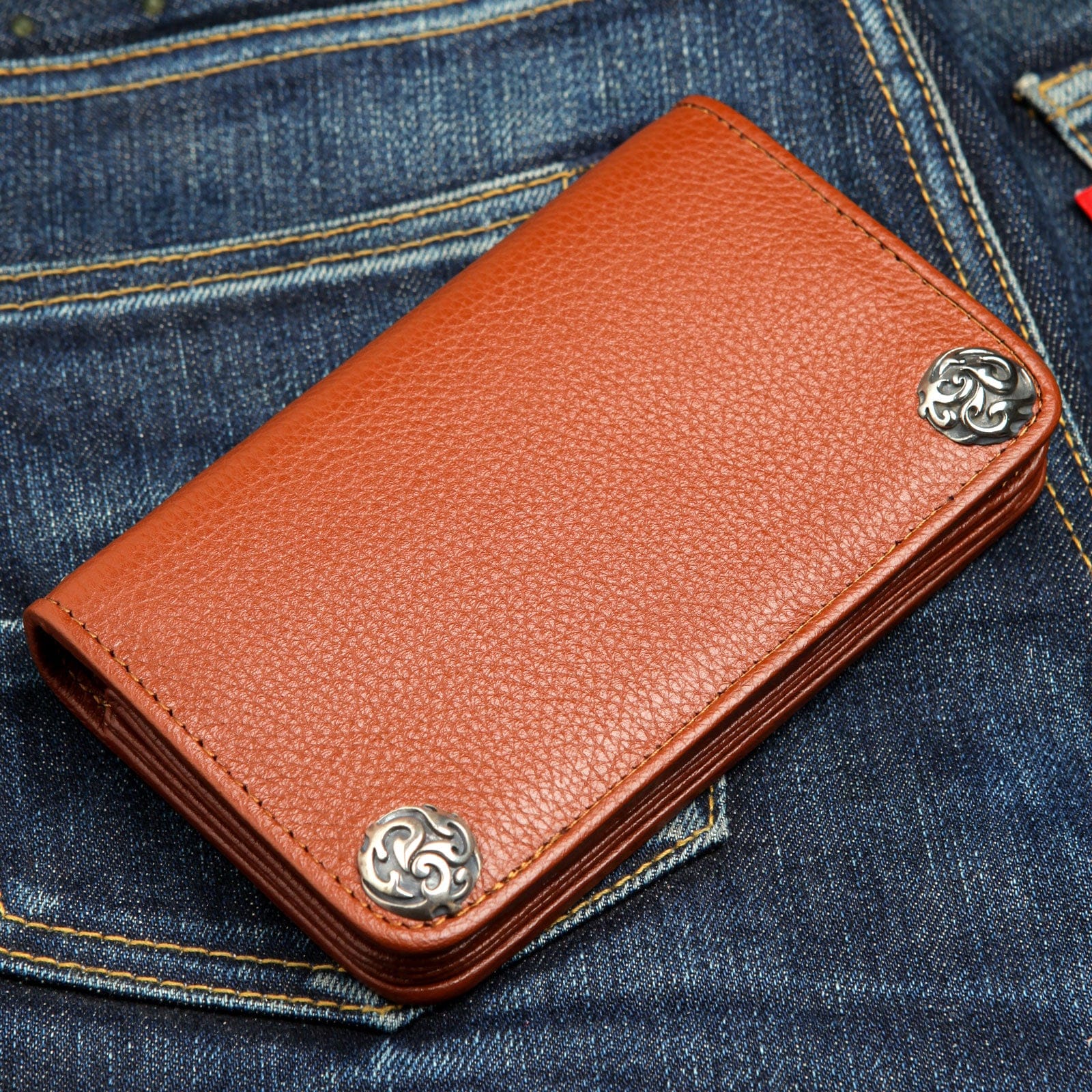 Genuine Cowhide Leather Biker Wallet for Men - Cognac Brown RFID Blocking Slim Bifold Wallet - Perfect for Motorcycle Riders & Everyday Carry