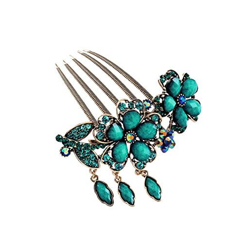 Vintage Turquoise Rhinestone Hair Clip - Antique Metal Floral Comb for Long Hair, Classic Hair Accessories for Men & Women | Perfect for Weddings, Parties & Retro Styling