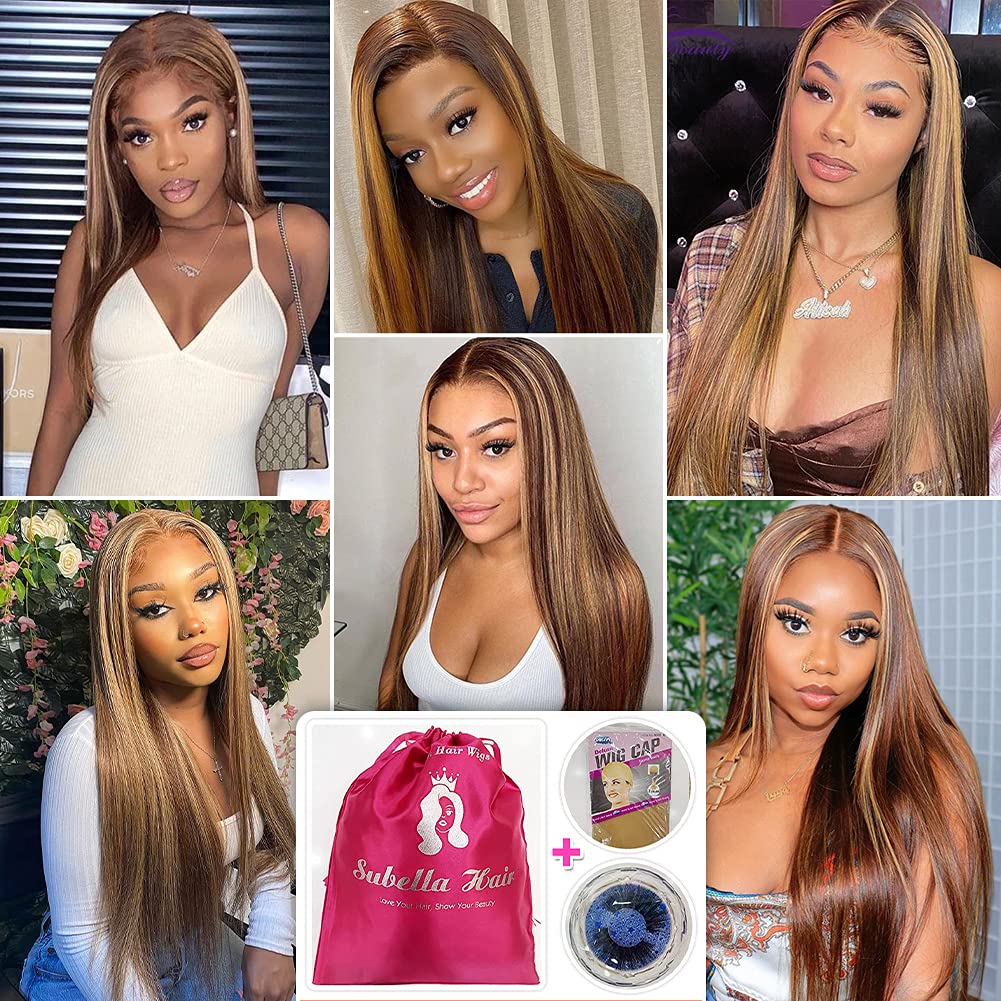 Subella HD Transparent Highlight Lace Front Wigs 18inch Brazilian Human Hair for Black Women - 180% Density 4/27 Straight Pre Plucked Hairline with Baby Hair - Perfect for Daily Wear, Parties & Special Occasions