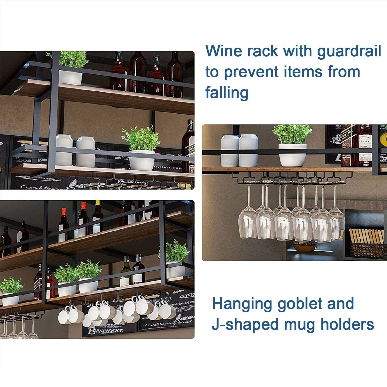 Black Ceiling Mount Wine Glass Holder - Wrought Iron & Solid Wood Hanging Storage Rack for Kitchen, Bar, or Restaurant - Easy Install Display Stand for Wine Glasses & Stemware - Durable & Stylish Home Decor