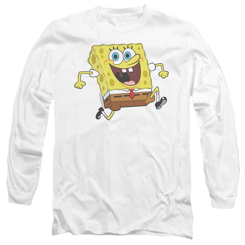 Popfunk Classic Spongebob Happy Running Unisex Adult Long-Sleeve T-Shirt | Cartoon Character Graphic Tee for Casual Wear & Spongebob Fans