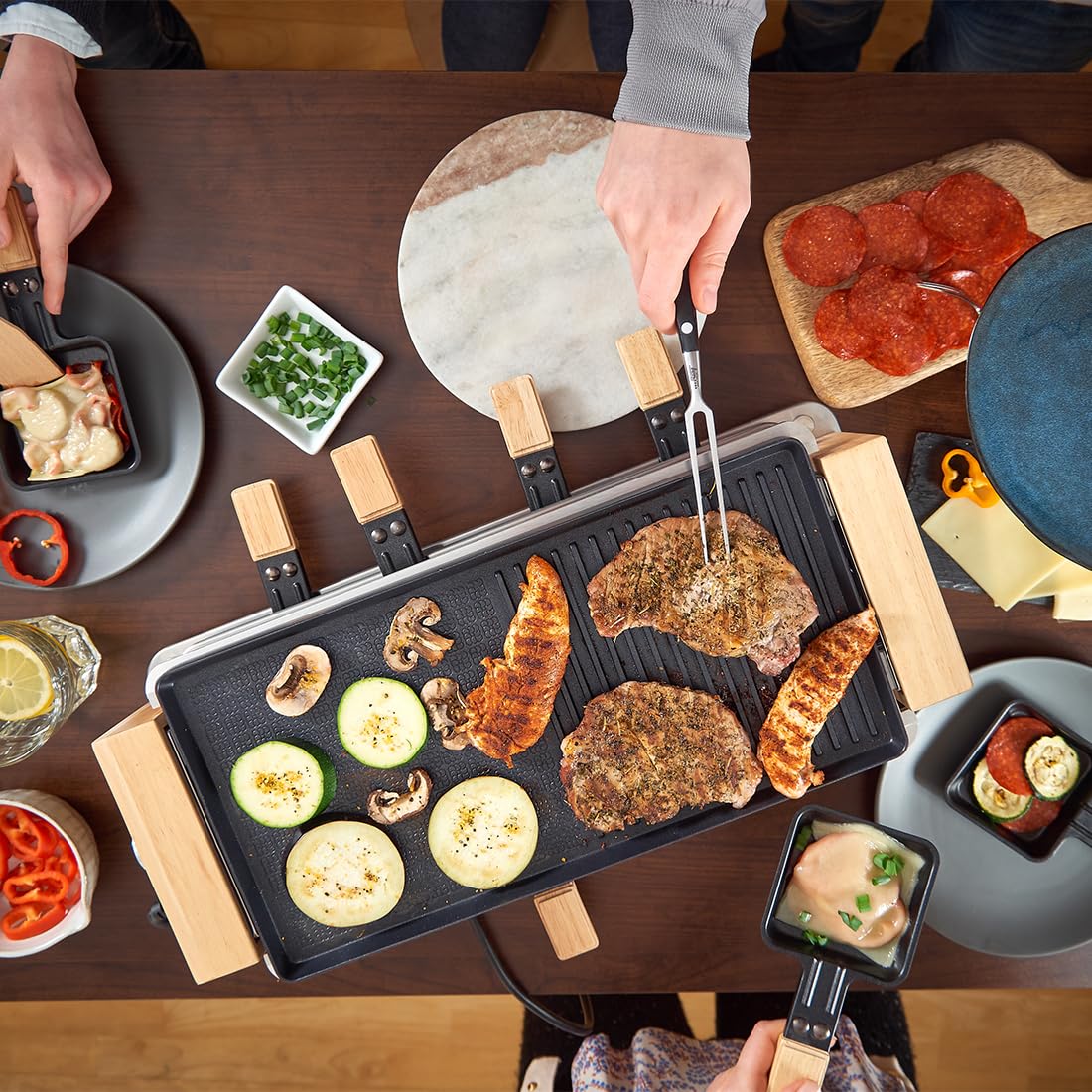 CUSIMAX Electric Indoor Raclette Grill & Korean BBQ - 2-in-1 Nonstick Grill Plate with 8 Cheese Pans, Wooden Spatulas & Base - Perfect for Family Gatherings, Dinner Parties & Holiday Entertaining
