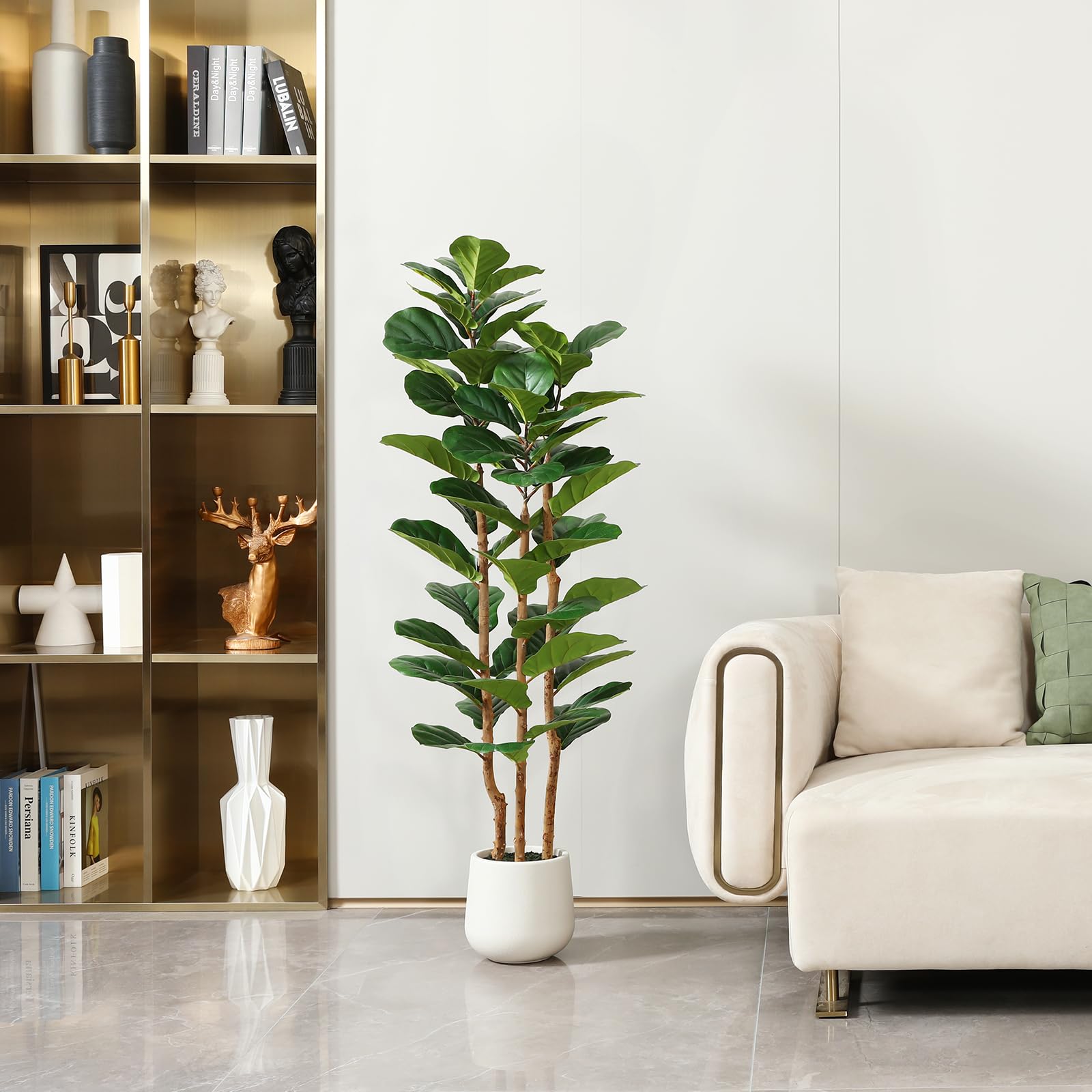 5ft Tall Artificial Fiddle Leaf Fig Tree with White Planter - Realistic Fake Ficus Tree with Natural Wood Trunk & Faux Moss - Perfect for Home Decor, Indoor Office, Living Room & Bedroom - Adds Greenery Without Maintenance for Busy Lifestyles