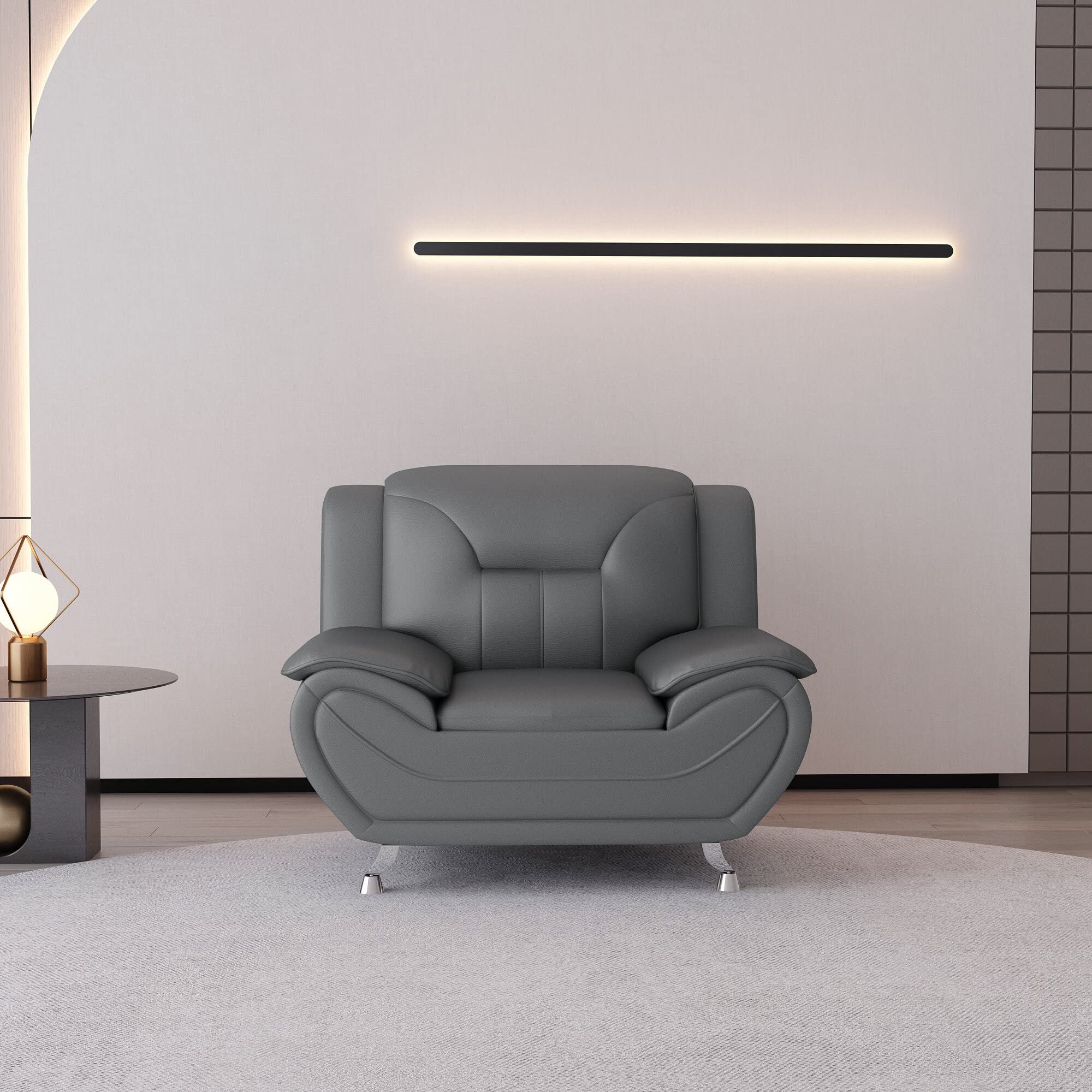Modern Faux Leather Accent Chair with Stainless Steel Legs - Sleek Gray Upholstered Living Room Chair for Home Office, Lounge & Reading Nook