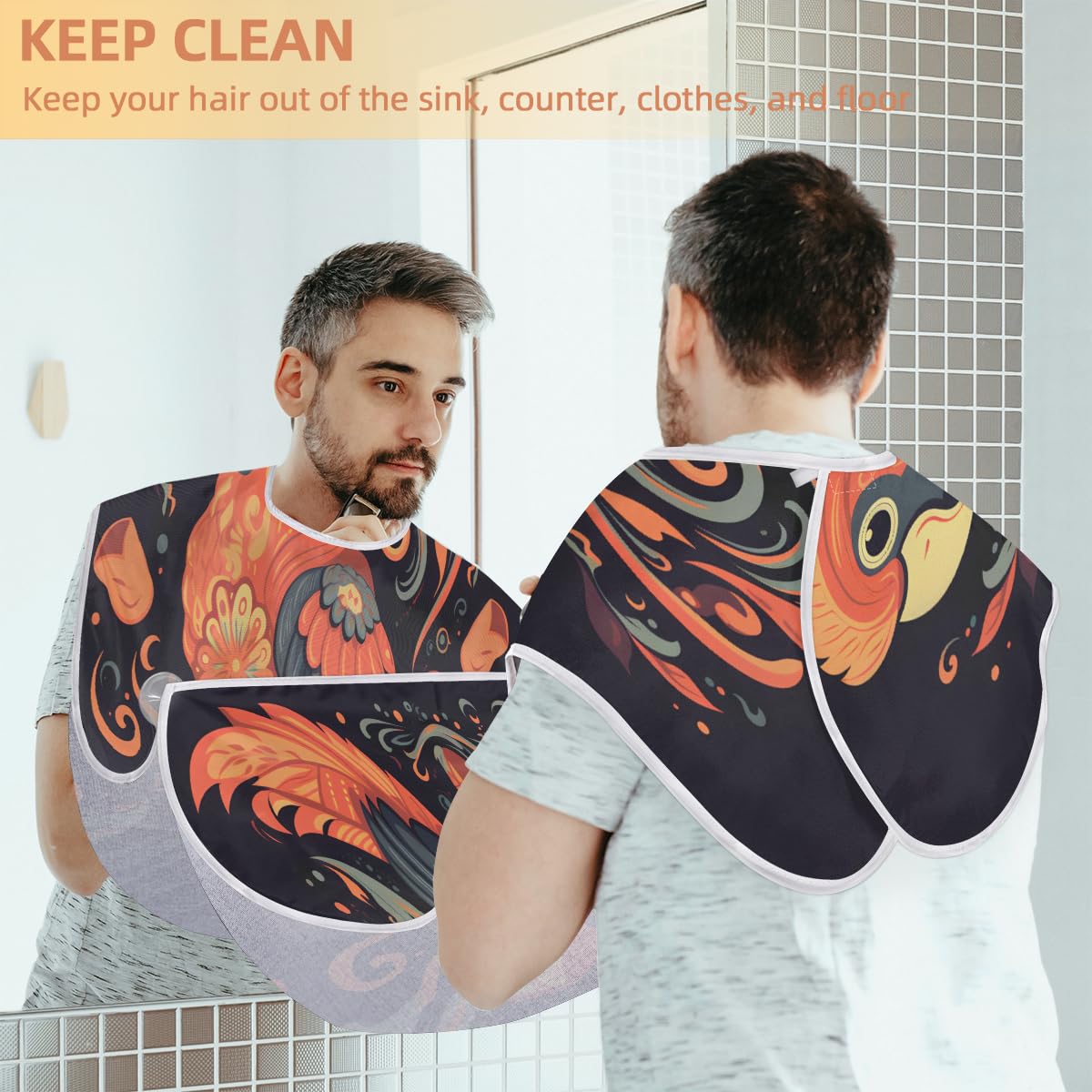 Men's Flame Beard Shaving Bib - Waterproof Hair Dye Apron for Barbers & Stylists, Parrot Design Barber Cape for Haircuts & Beard Trimming, Sink Hair Catcher - Perfect Gift for Grooming & Salon Use