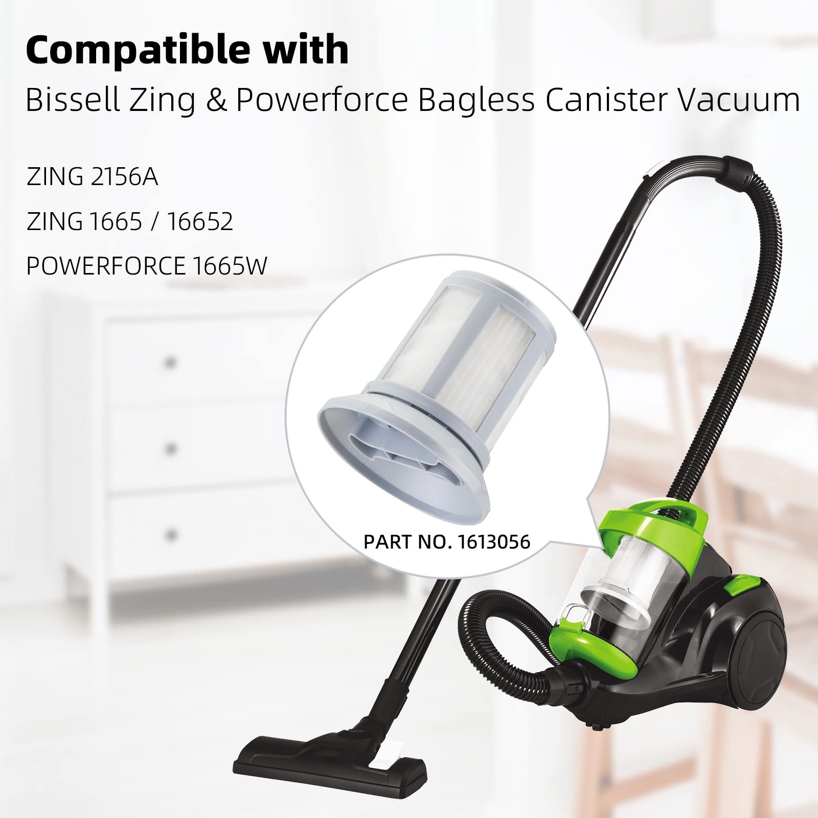 3 Pack Bissell Zing & Powerforce Bagless Canister Vacuum Filters - Compatible with Models 2156A, 1665, 16652, 1665W - Replacement Vacuum Filters with Cleaning Brush - Perfect for Pet Hair, Dust & Allergen Removal in Home Cleaning