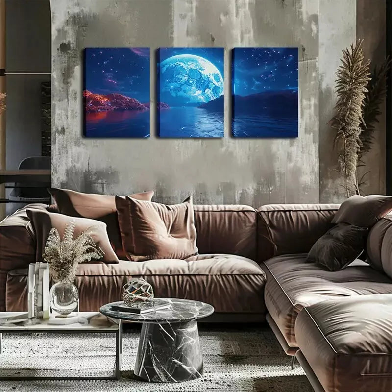 3-Piece Large Moon on the Sea Wall Art Set - Framed Canvas 40x60cm - High Quality Print - 100% Australian Made - Ready to Hang - Perfect for Living Room, Bedroom & Office Decor